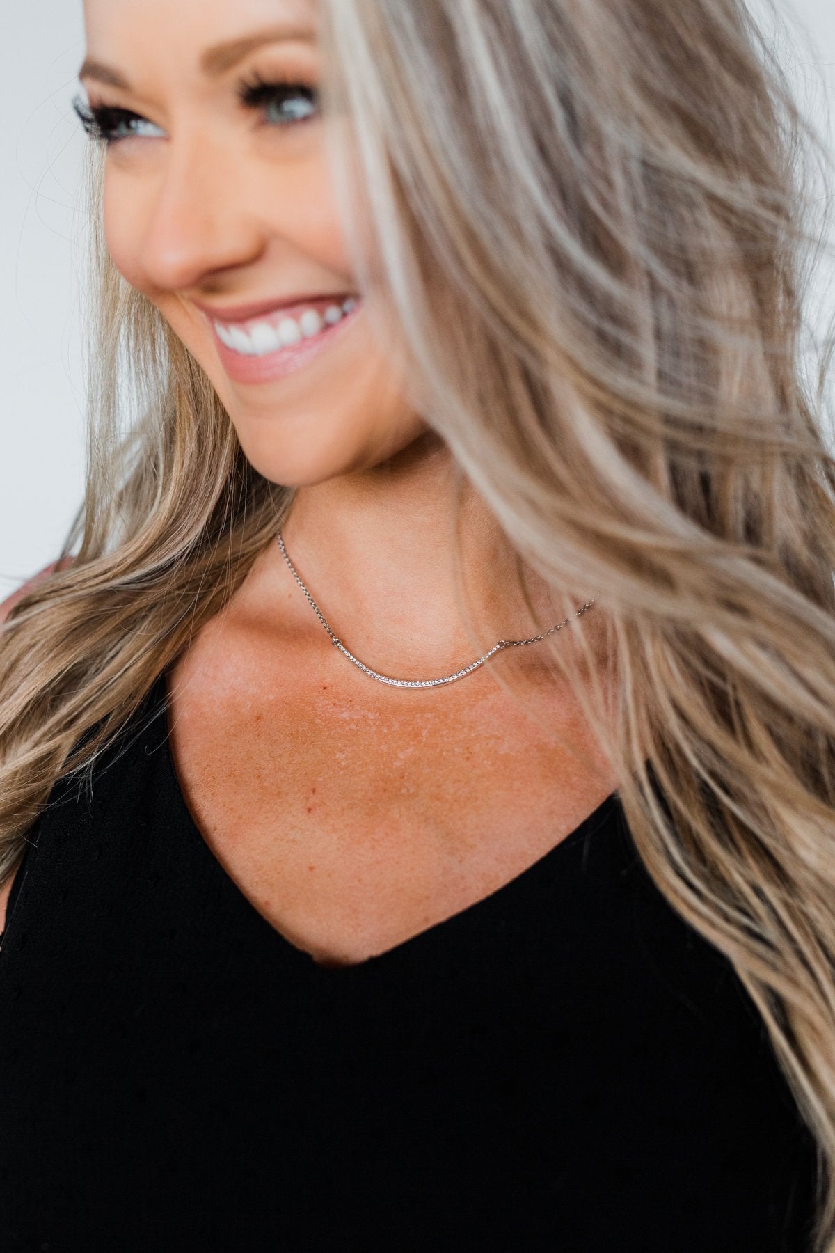 Diamond Studded Curved Bar Necklace- Silver