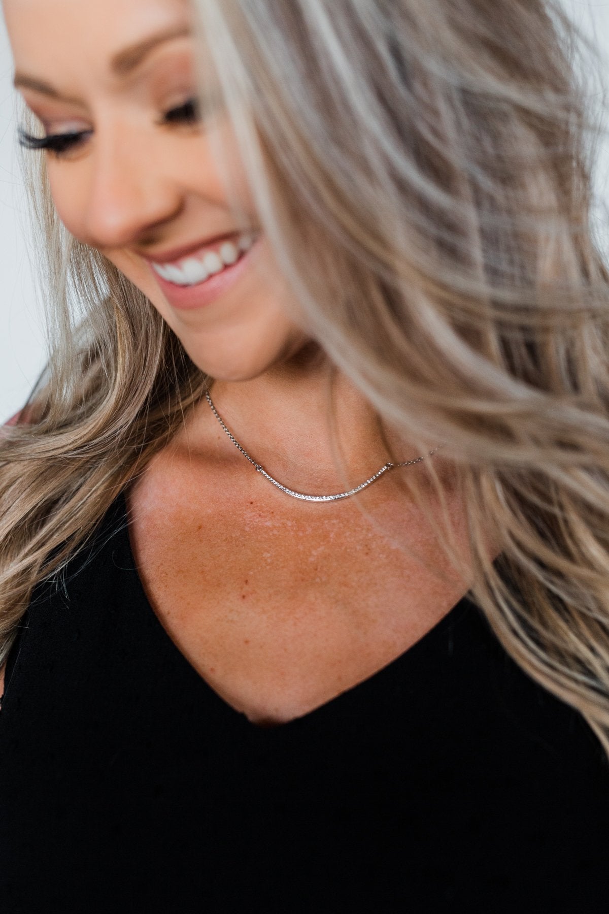 Diamond Studded Curved Bar Necklace- Silver