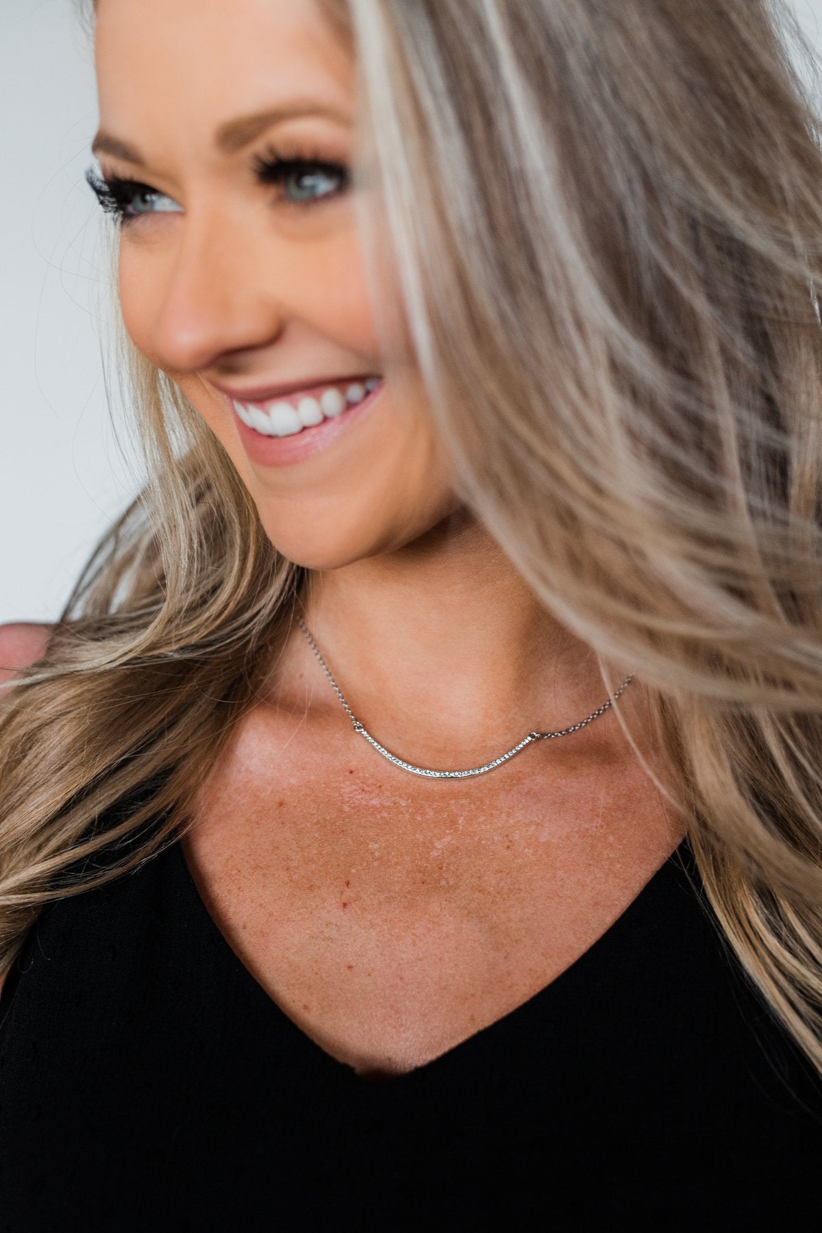 Diamond Studded Curved Bar Necklace- Silver