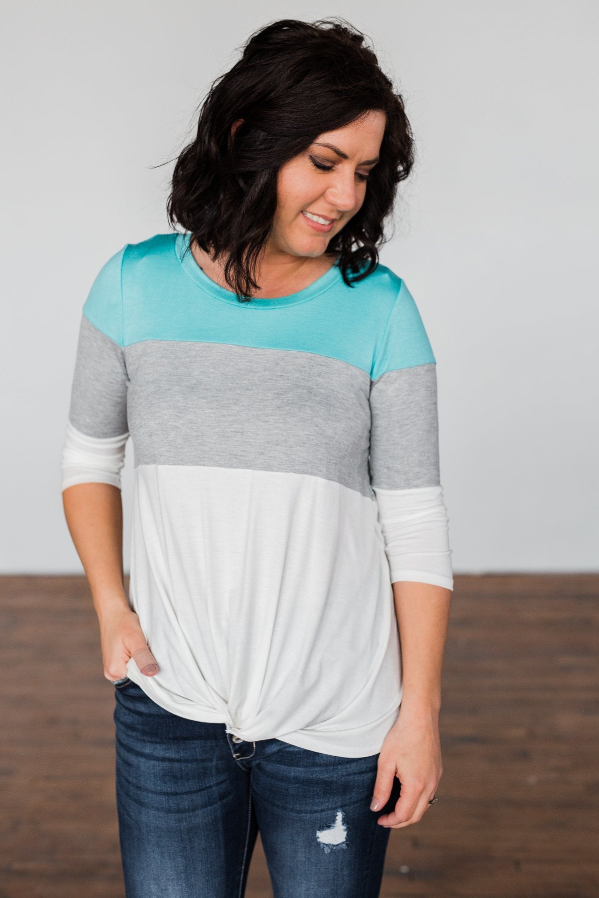 Take It Away Color Block Top- Mint Blue, Grey, Ivory