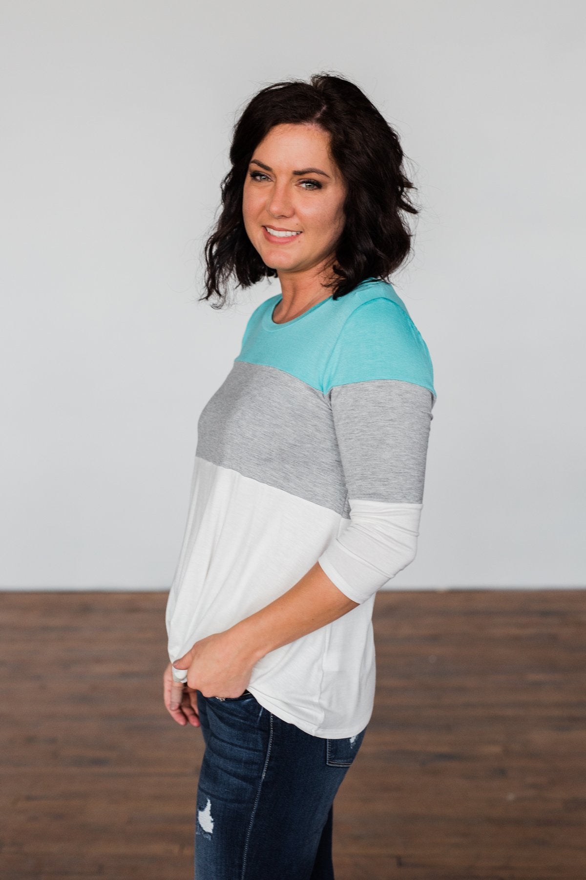 Take It Away Color Block Top- Mint Blue, Grey, Ivory