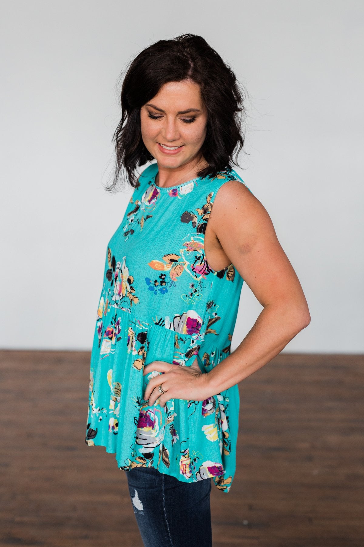 Tale Of Time Floral Babydoll Tank Top- Turquoise