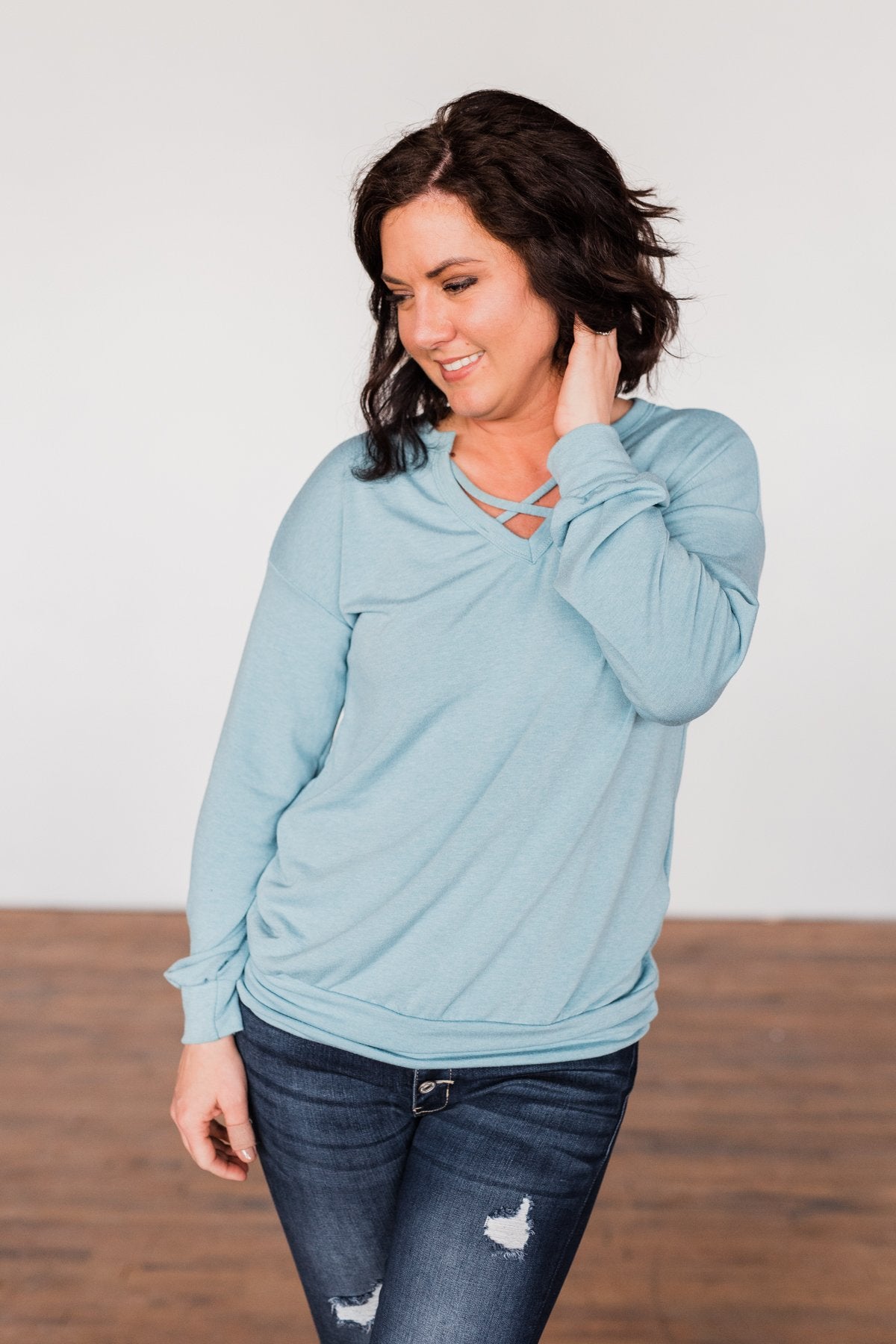 Crossed My Mind Pullover Top- Dusty Teal
