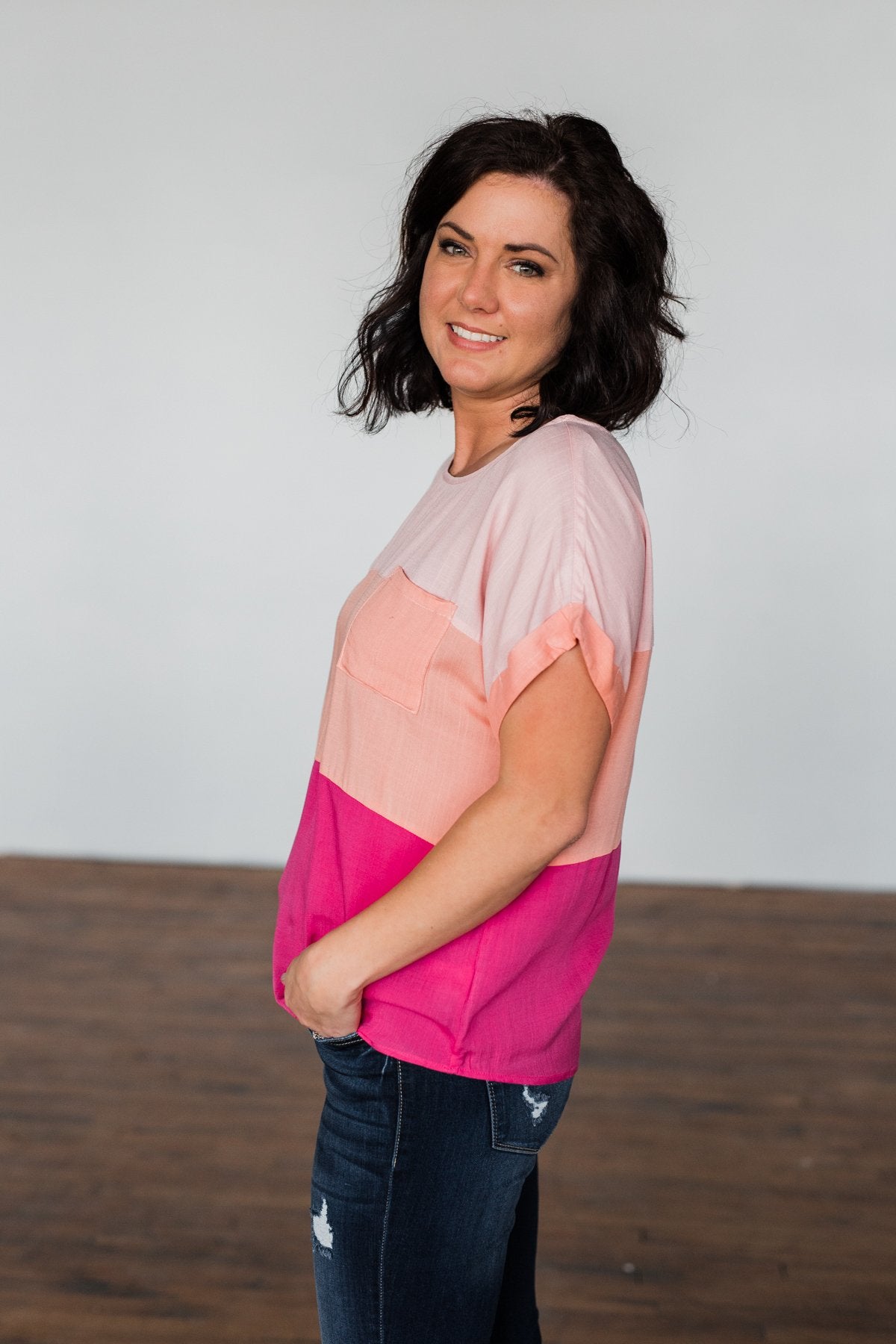 Made You Look Color Block Top- Peach & Fuchsia