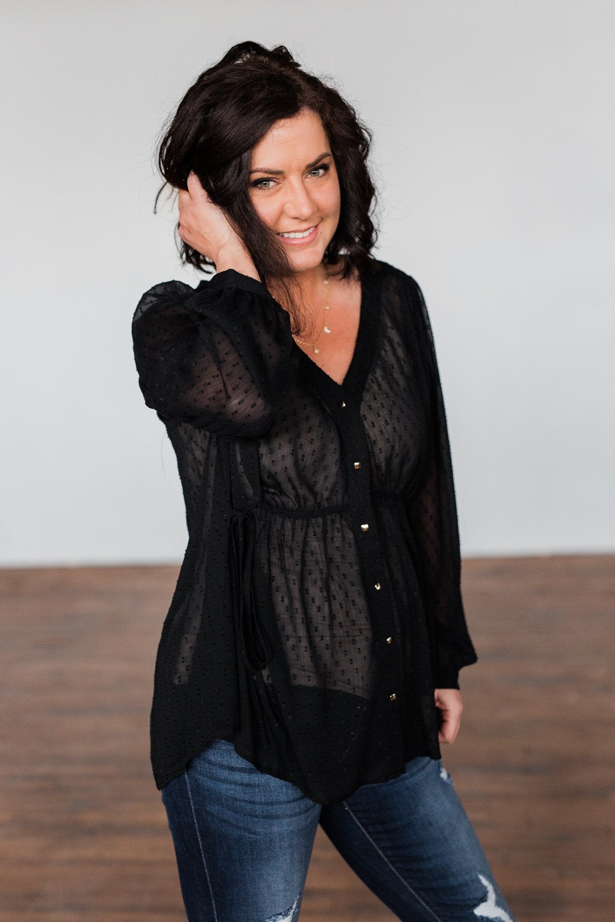 Get Together V-Neck Tie Blouse- Black