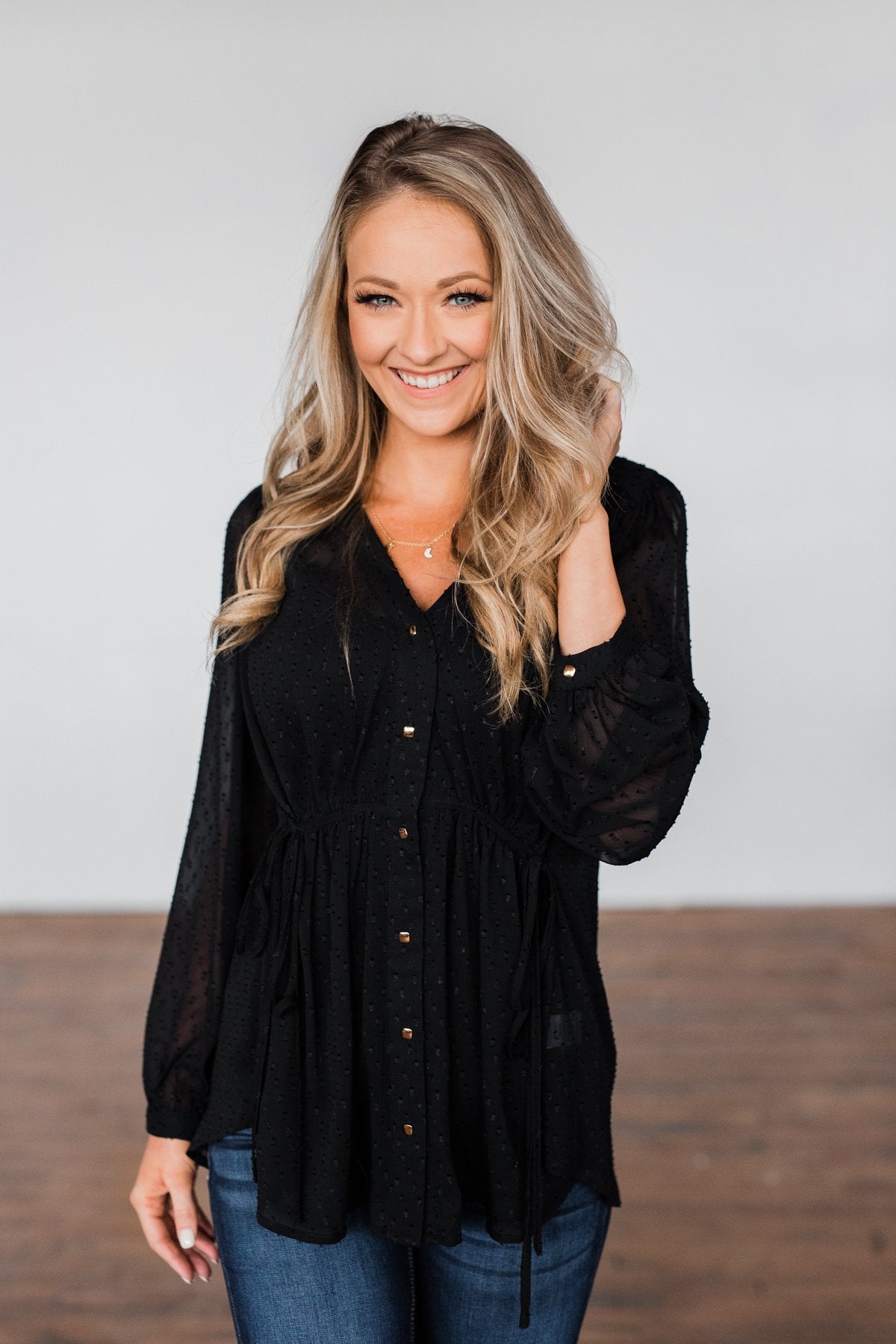 Get Together V-Neck Tie Blouse- Black
