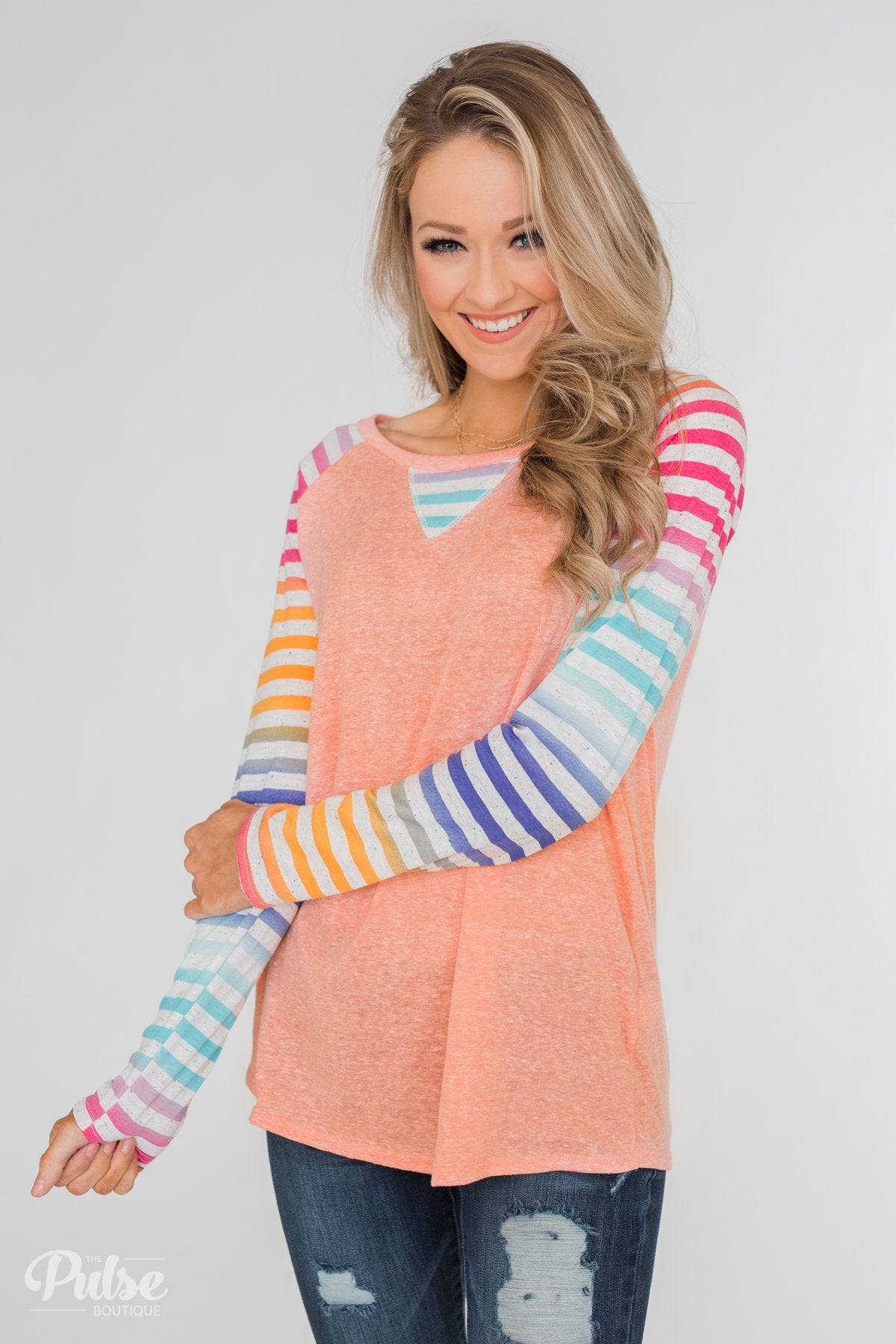 Multi-Colored Striped Sleeve Raglan Top- Peach