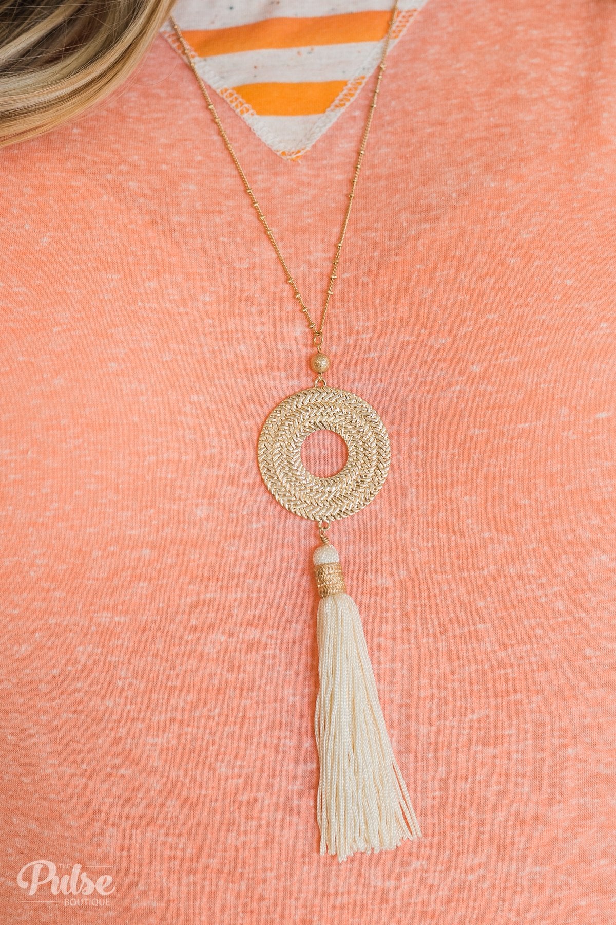 Gold Circle & Tassel Necklace- Ivory