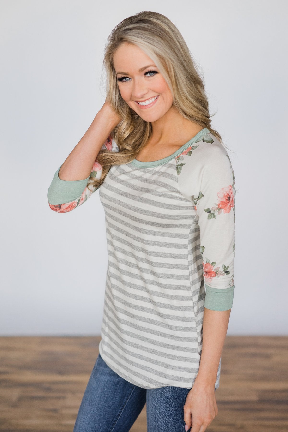 A First Glance Mint Floral & Stripes Top