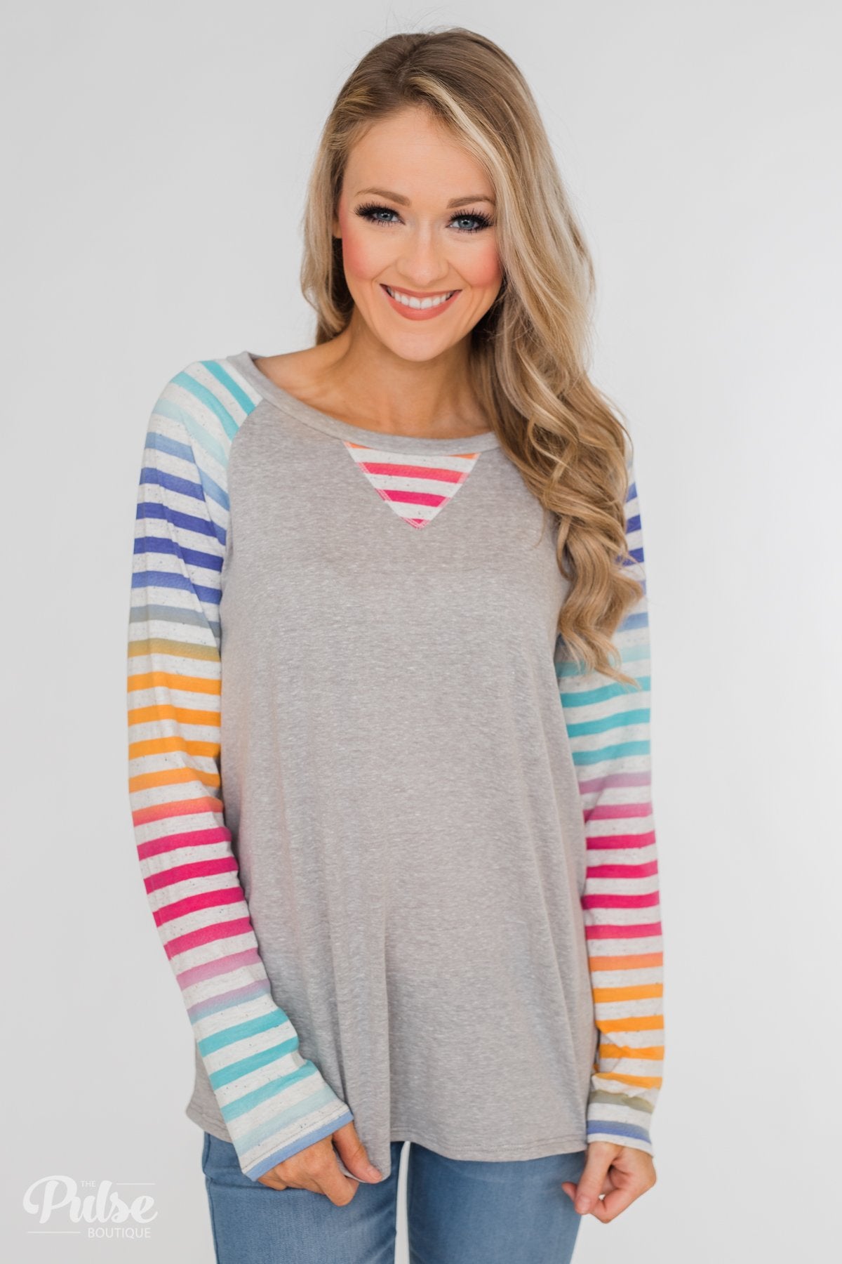 Multi-Colored Striped Sleeve Raglan Top- Grey