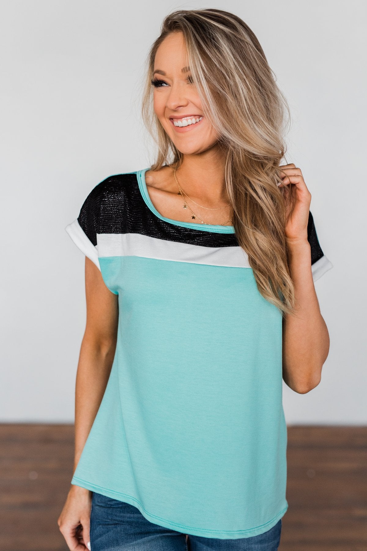 All I Have Striped Short Sleeve Top- Mint Blue
