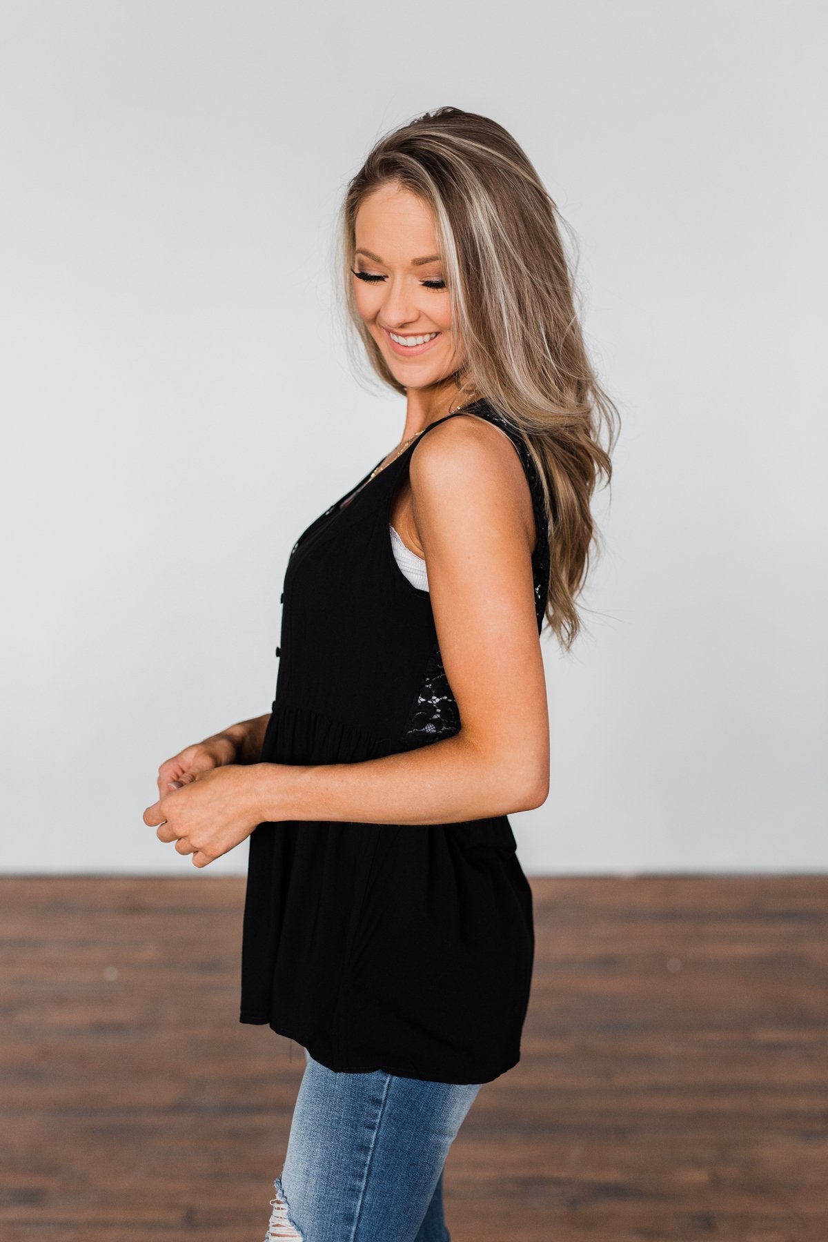 Come Back To Me Button Tank Top- Black