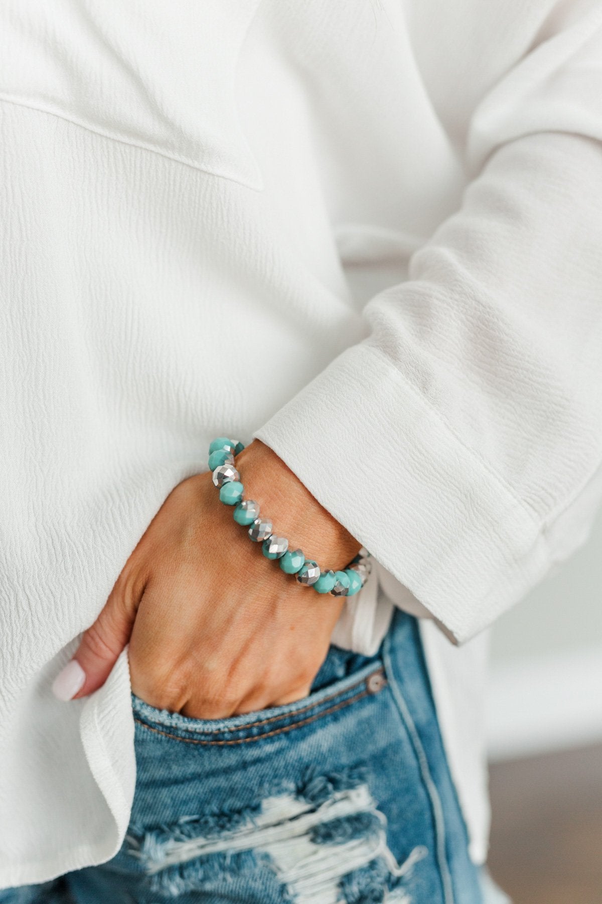 Dazzling Single Beaded Bracelet- Mint Blue & Silver