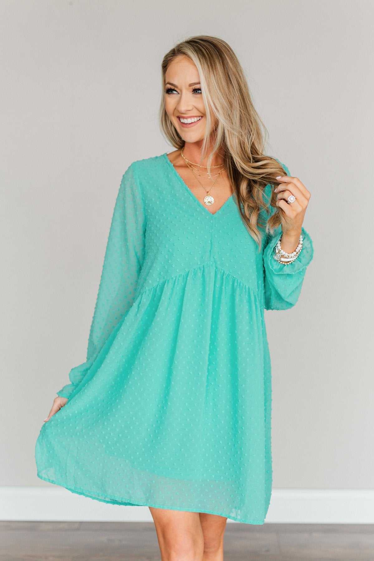 Believe In Miracles V-Neck Dress- Turquoise