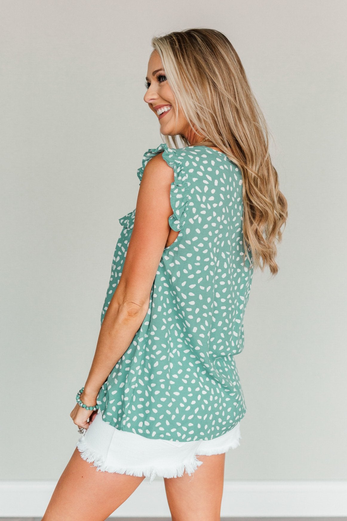 Peaceful Skies Spotted Sleeveless Blouse- Dusty Teal