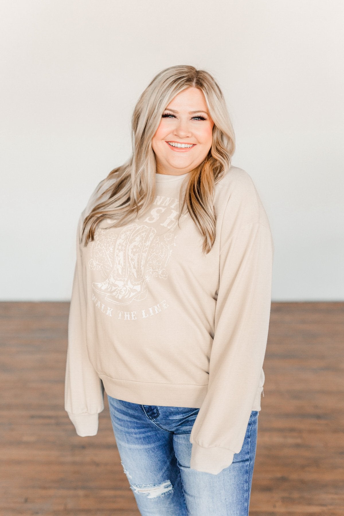 "Johnny Cash Walk The Line" Graphic Pullover- Light Beige
