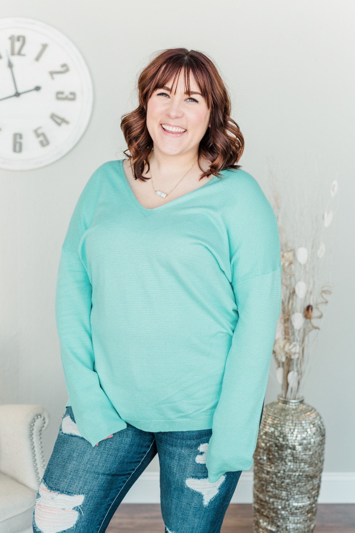Life In Full Bloom V-Neck Knit Top- Aqua Blue