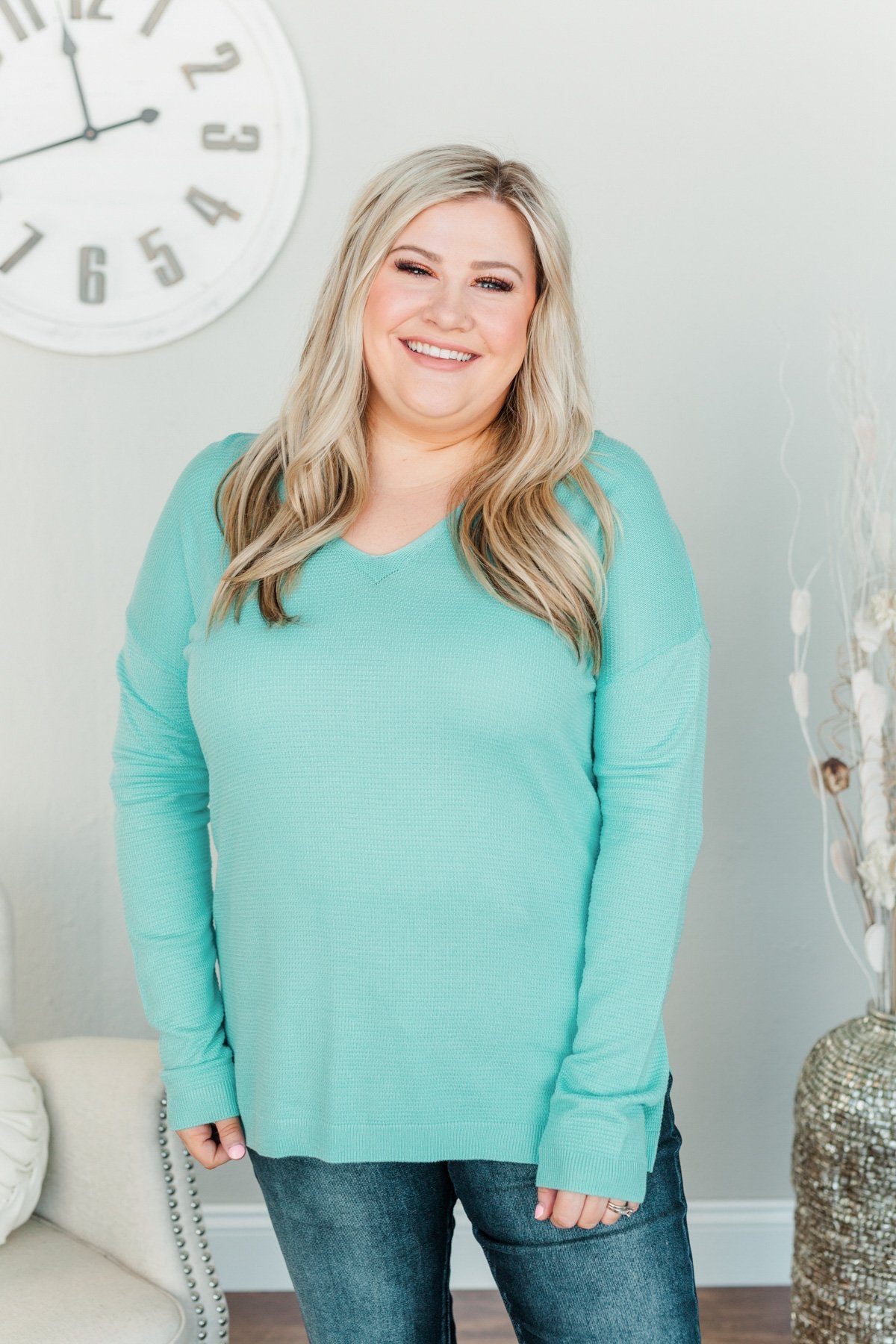 Life In Full Bloom V-Neck Knit Top- Aqua Blue