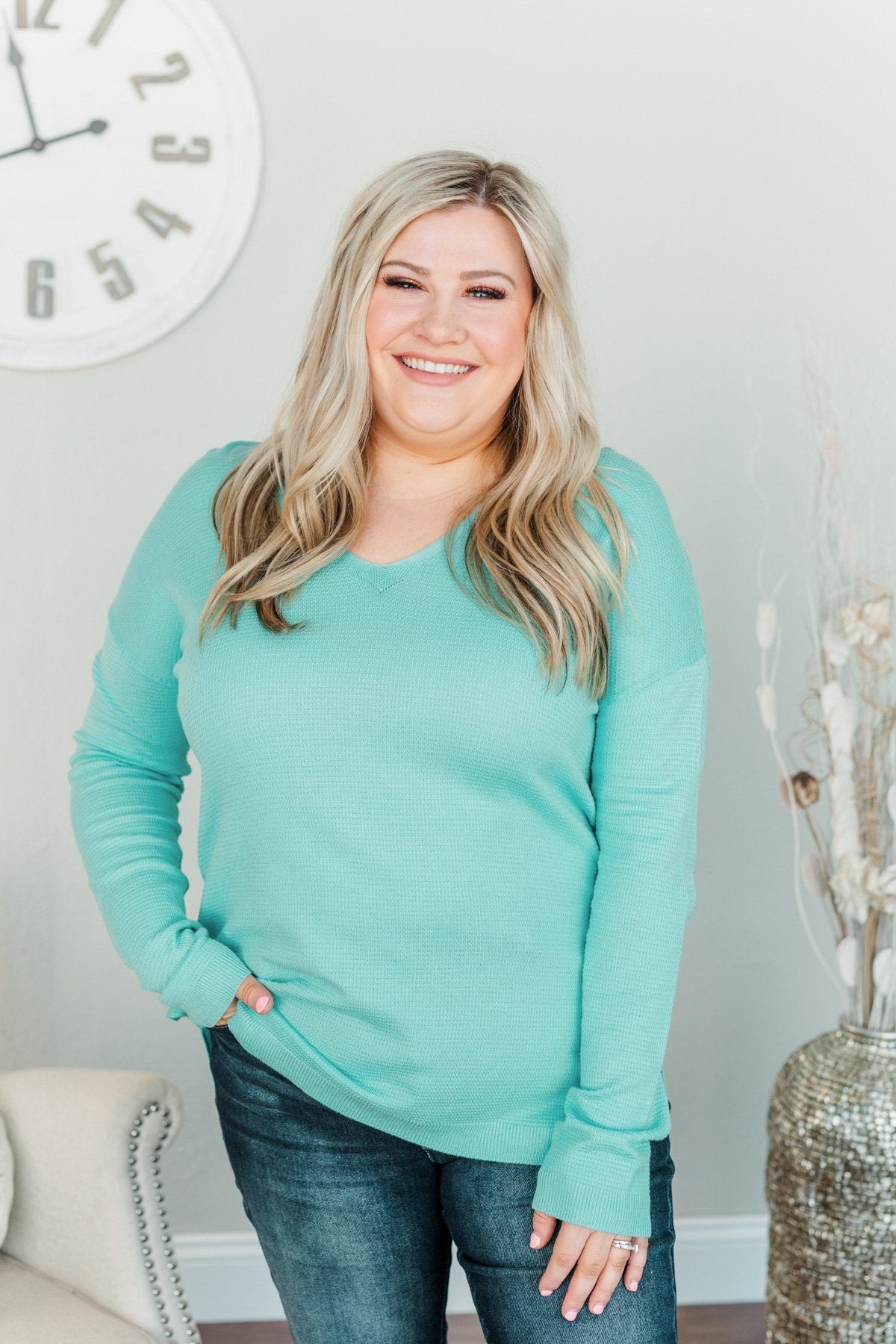 Life In Full Bloom V-Neck Knit Top- Aqua Blue