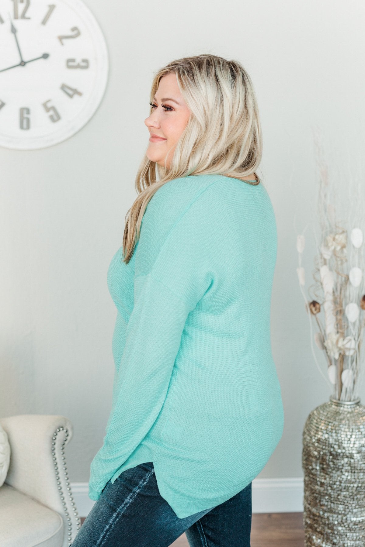 Life In Full Bloom V-Neck Knit Top- Aqua Blue