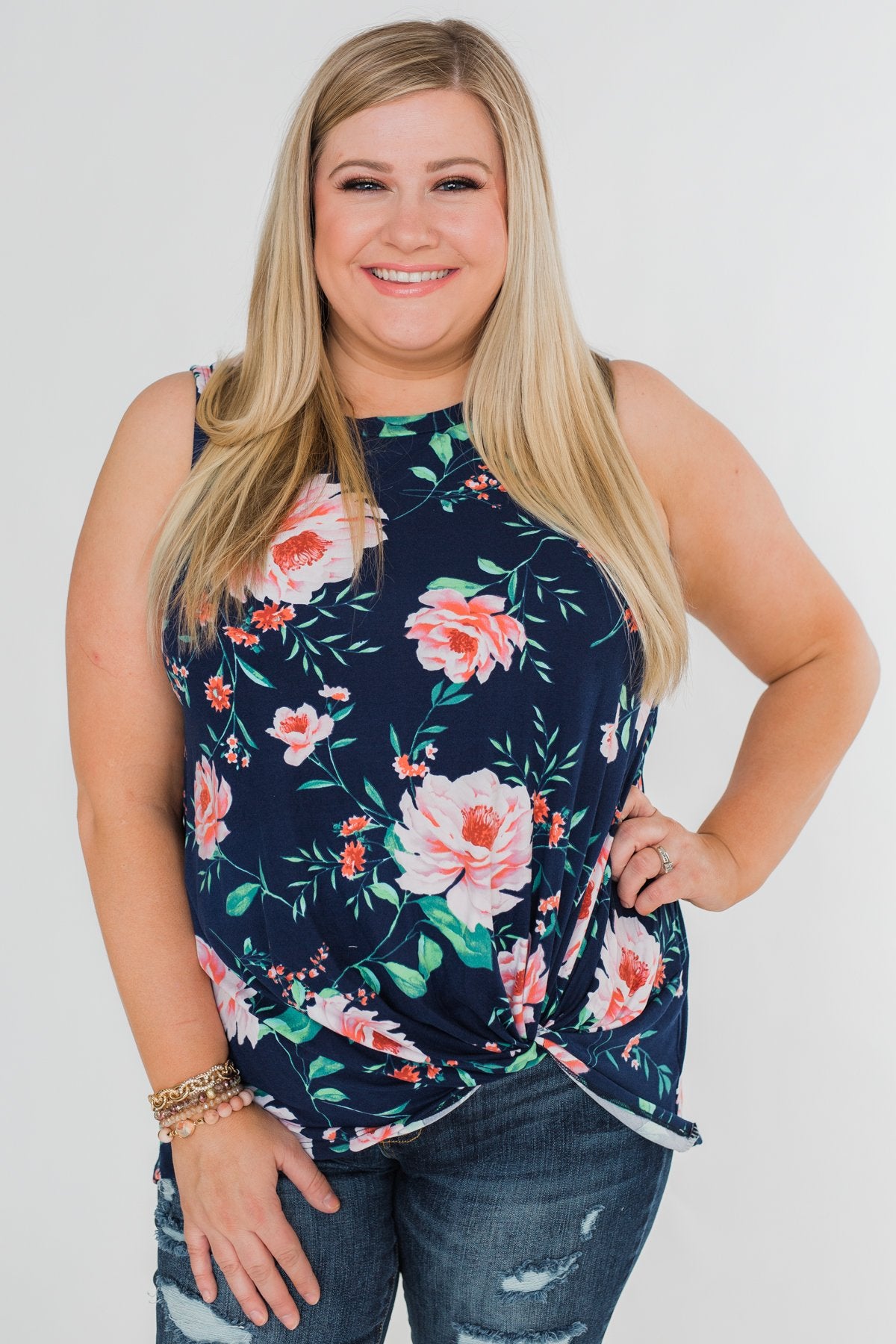 Beauty In Everything Floral Knot Top- Navy