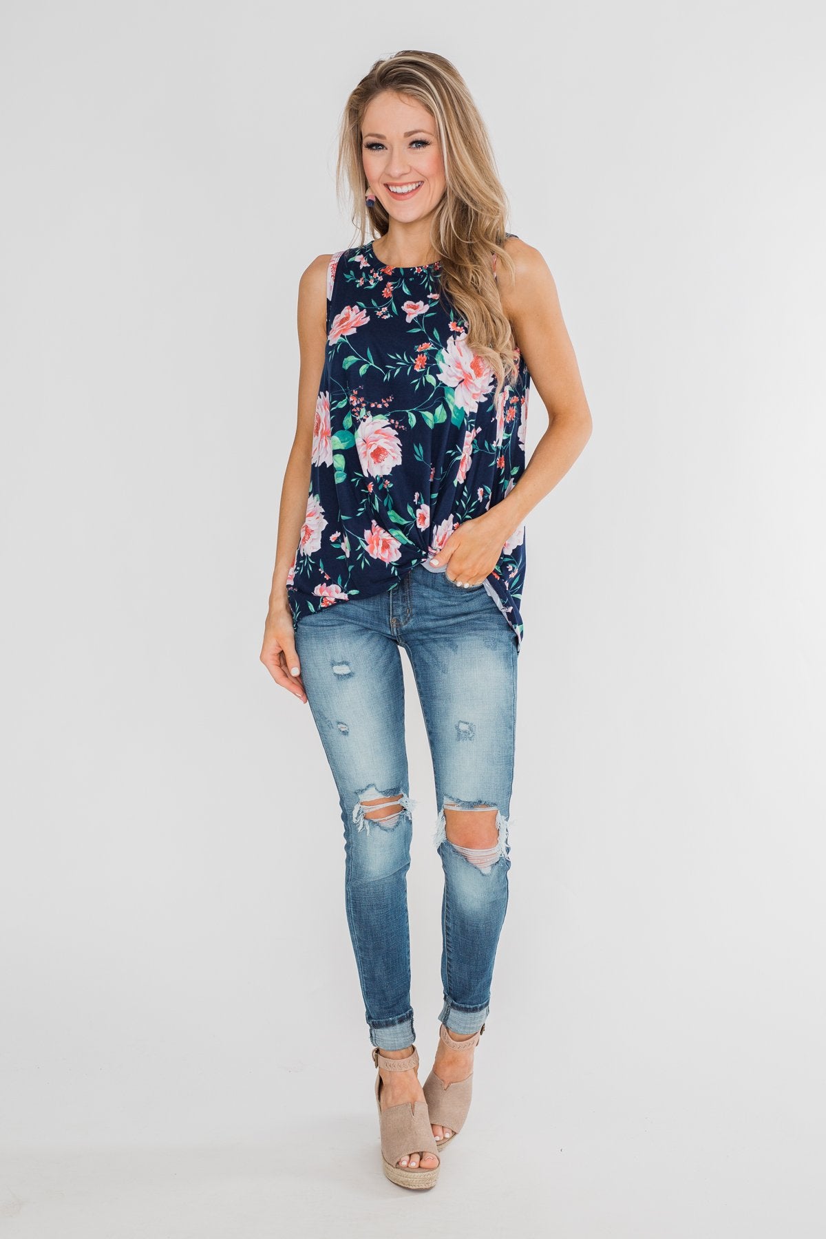 Beauty In Everything Floral Knot Top- Navy