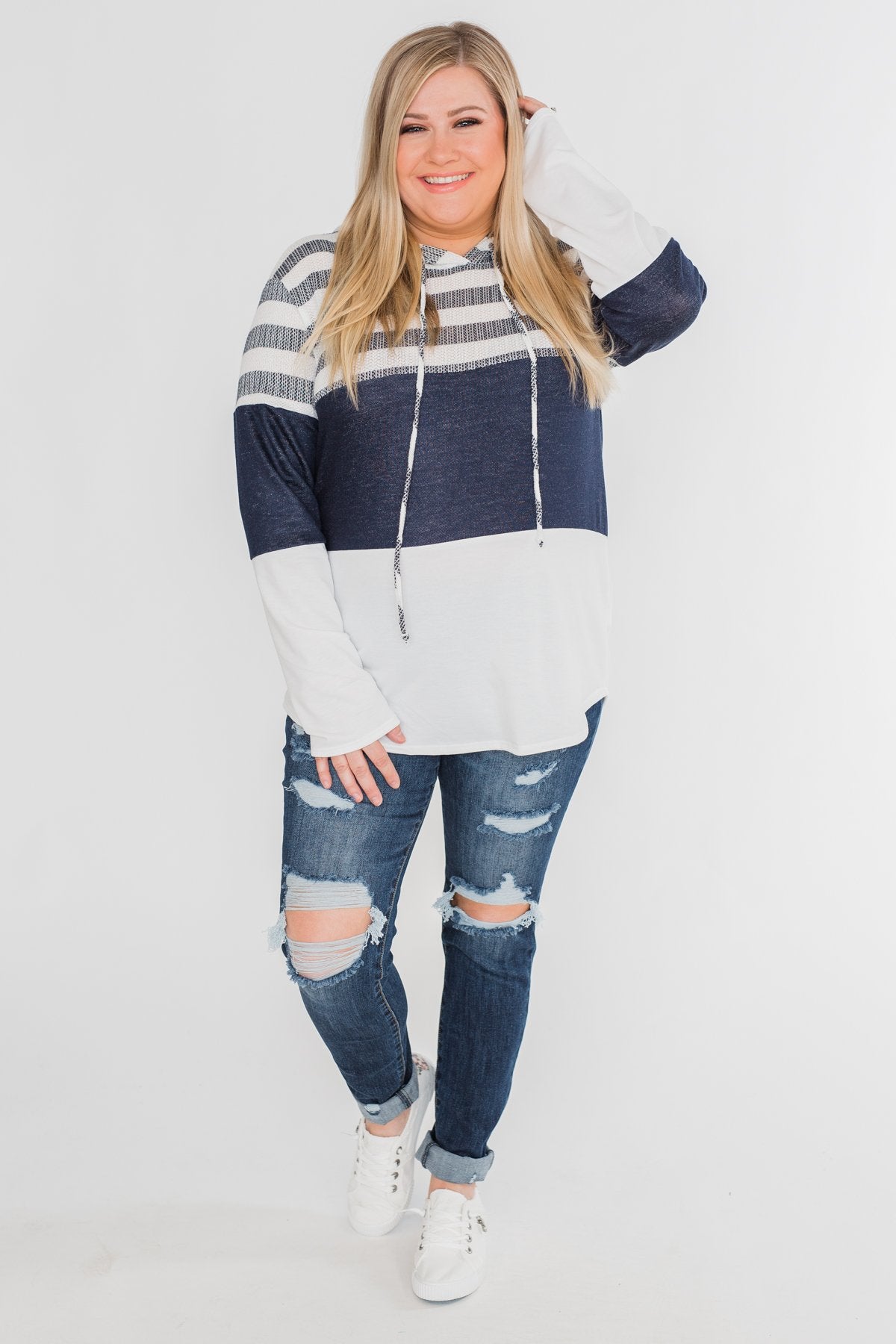 Speak to Me Color Block Drawstring Hoodie- Navy & Ivory