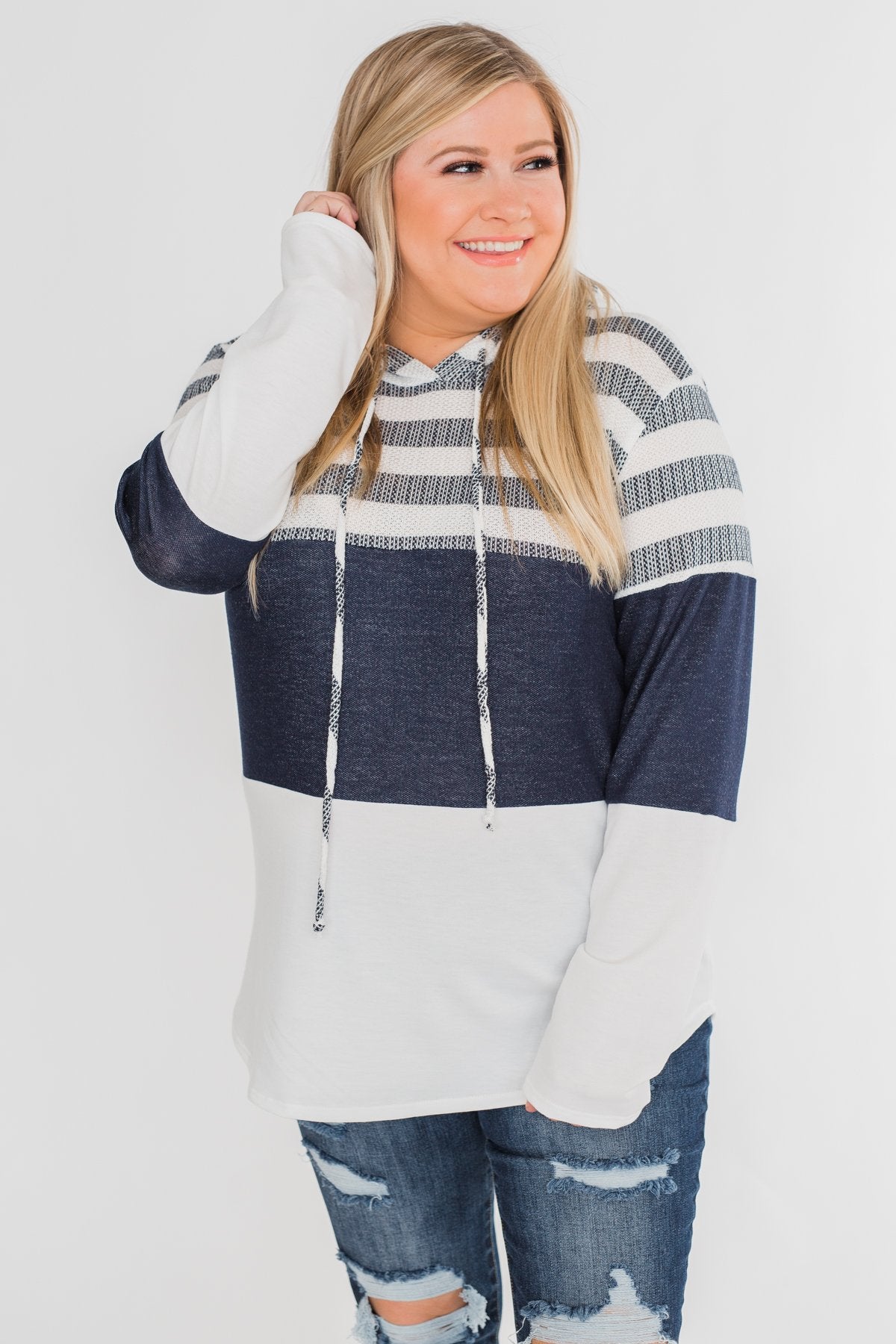 Speak to Me Color Block Drawstring Hoodie- Navy & Ivory