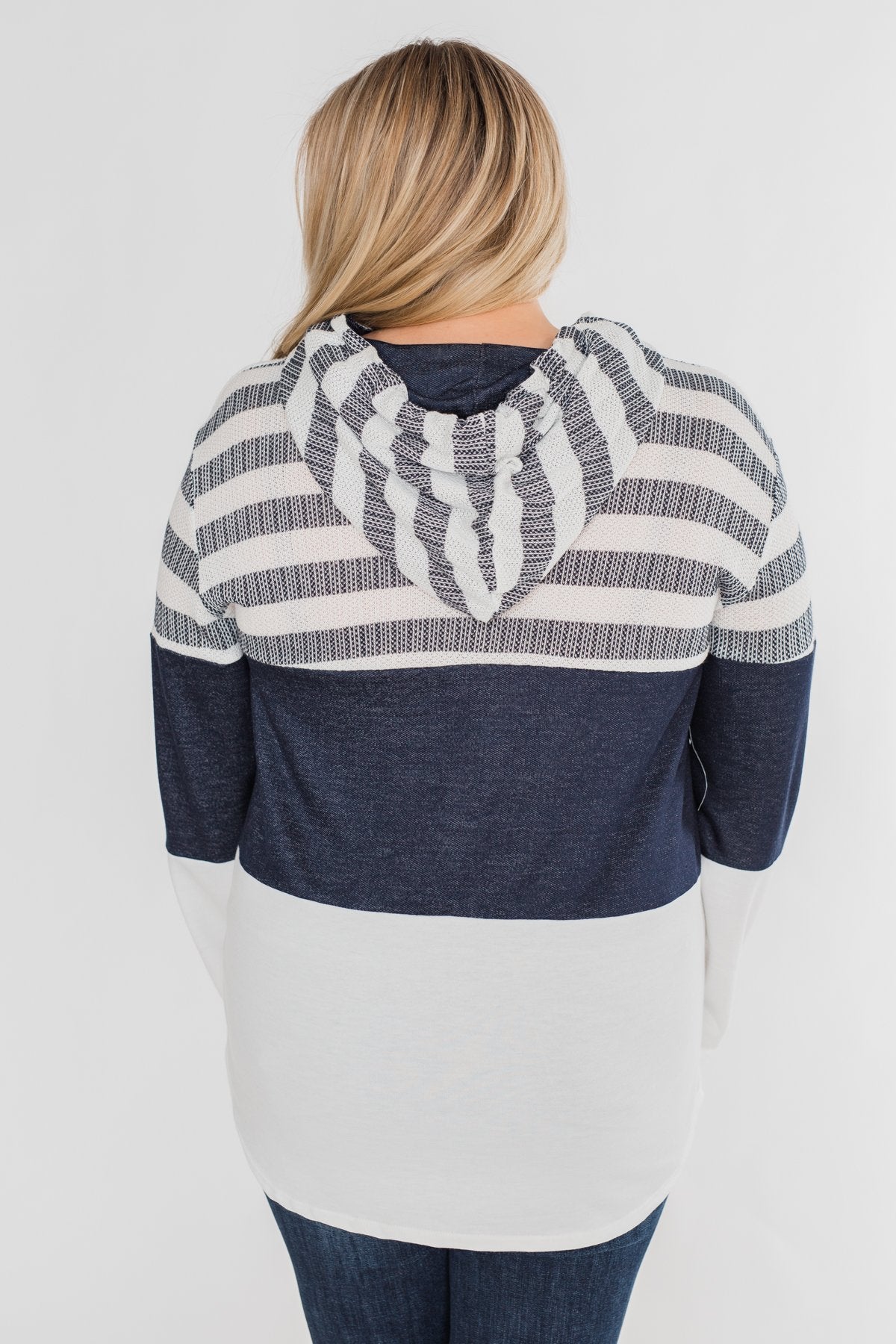 Speak to Me Color Block Drawstring Hoodie- Navy & Ivory