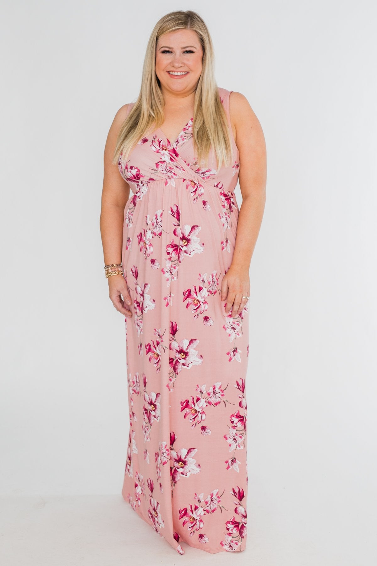 Daydreaming in Floral V-Neck Maxi Dress- Soft Pink
