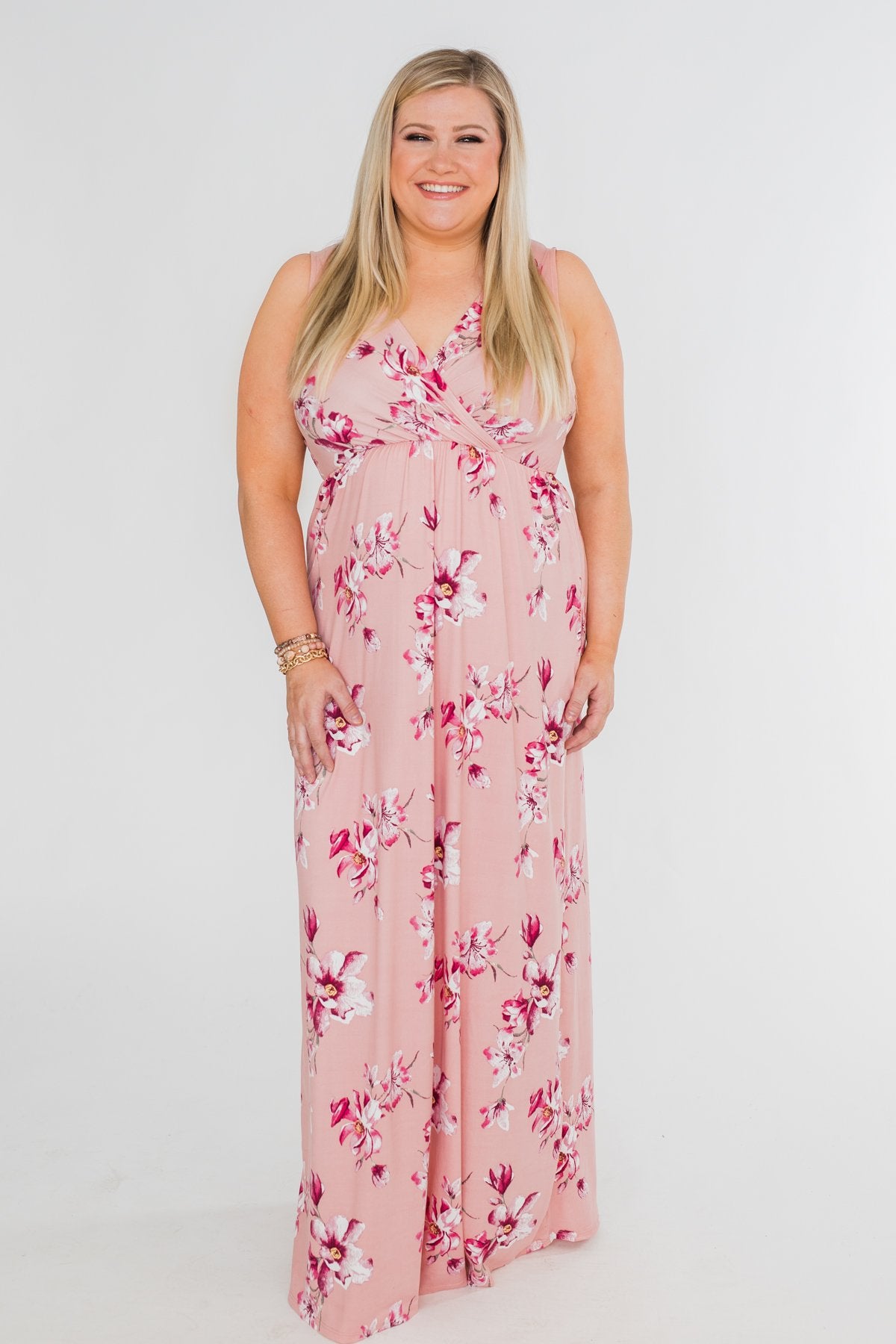 Daydreaming in Floral V-Neck Maxi Dress- Soft Pink