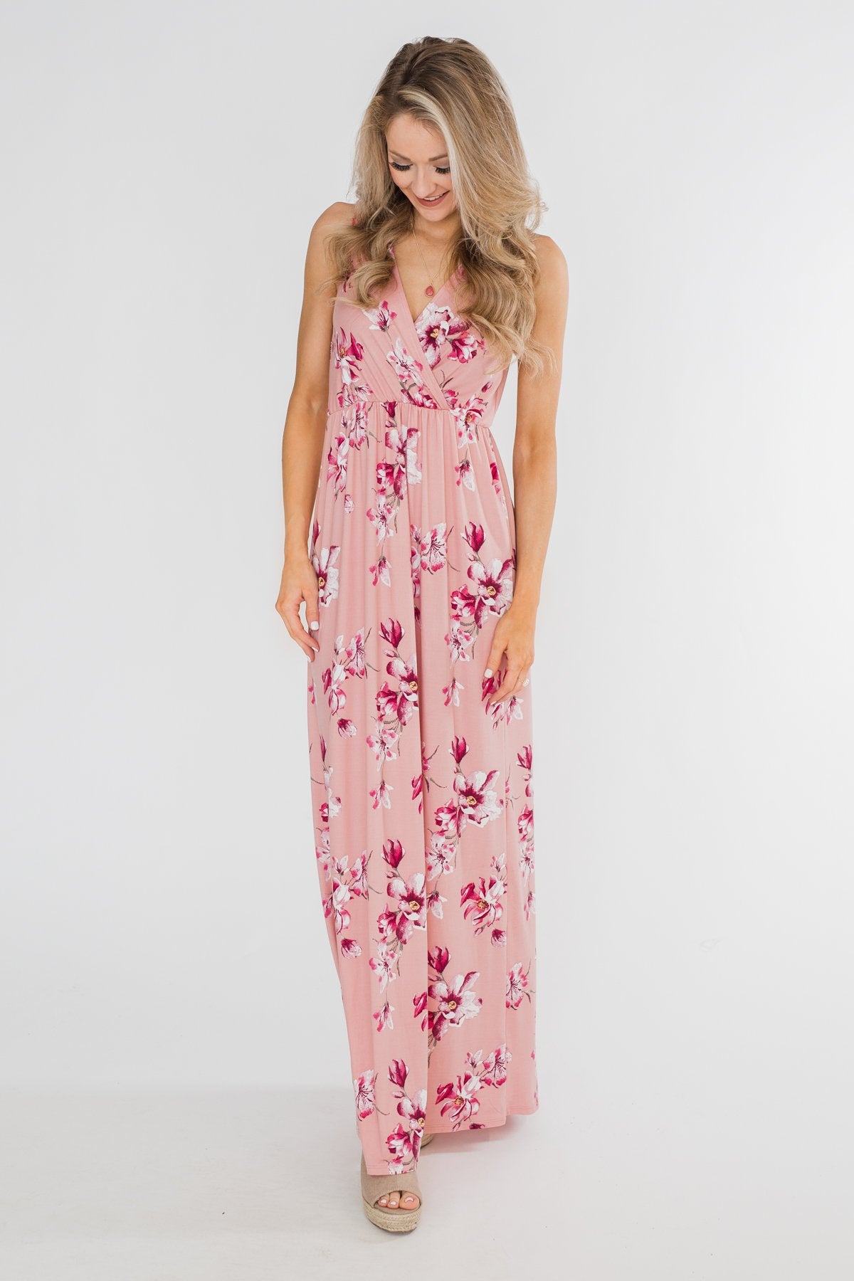 Daydreaming in Floral V-Neck Maxi Dress- Soft Pink