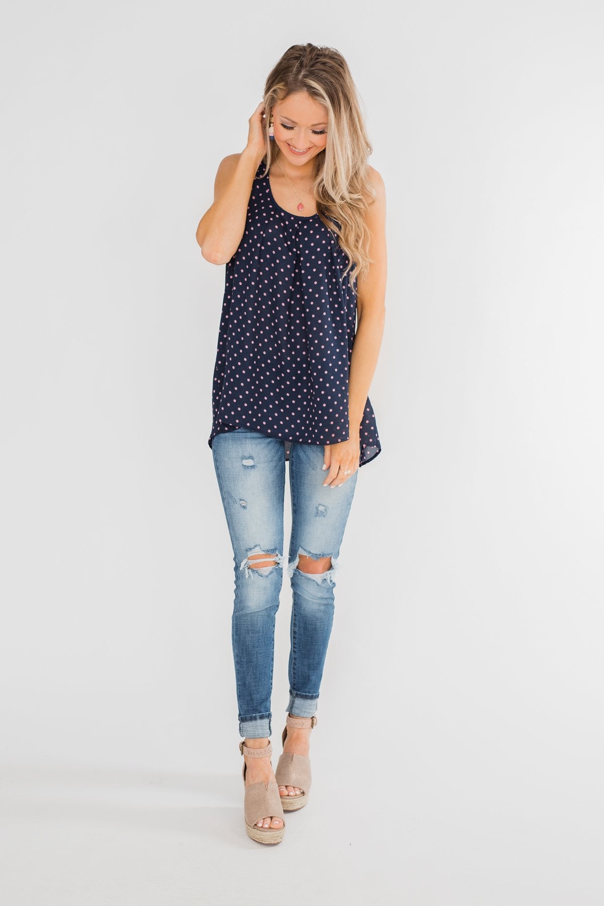 Wander Through Polka-Dot Bow Back Tank Top- Navy