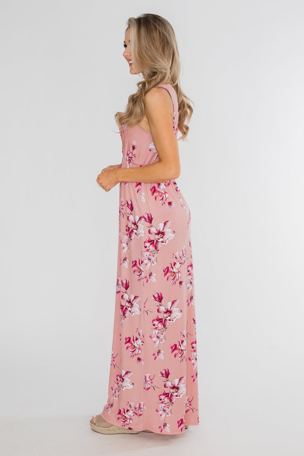 Daydreaming in Floral V-Neck Maxi Dress- Soft Pink