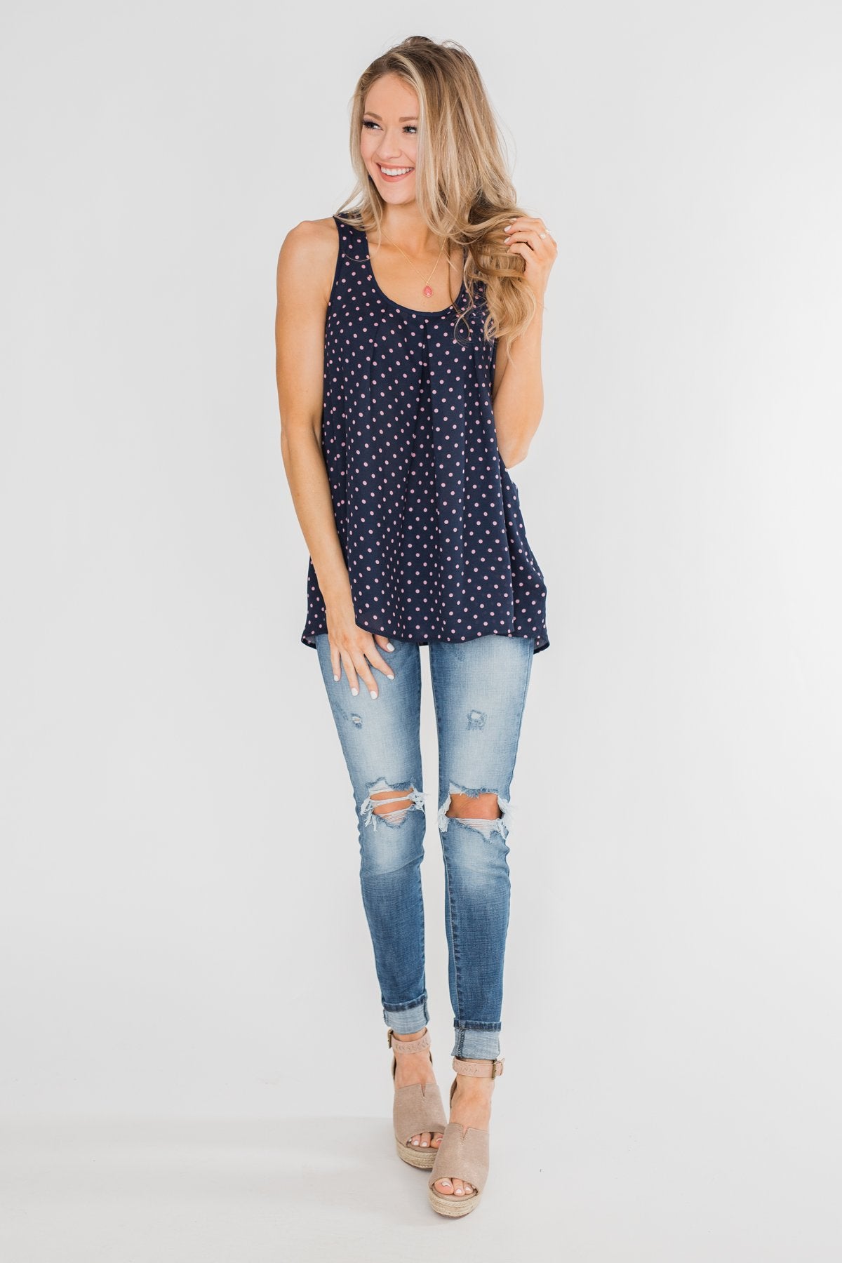 Wander Through Polka-Dot Bow Back Tank Top- Navy
