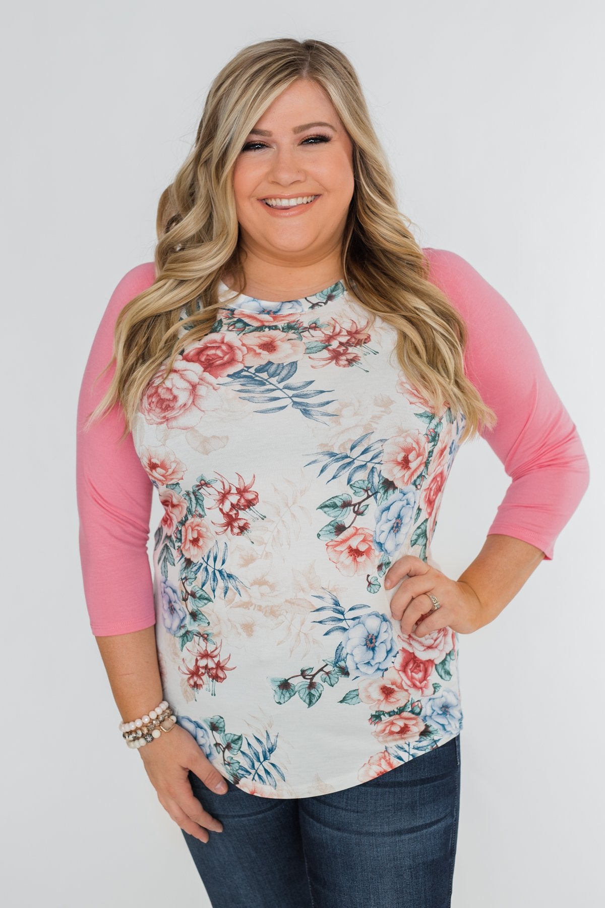 Floral Blessings 3/4 Sleeve Top- Ivory & Pink