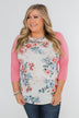 Floral Blessings 3/4 Sleeve Top- Ivory & Pink