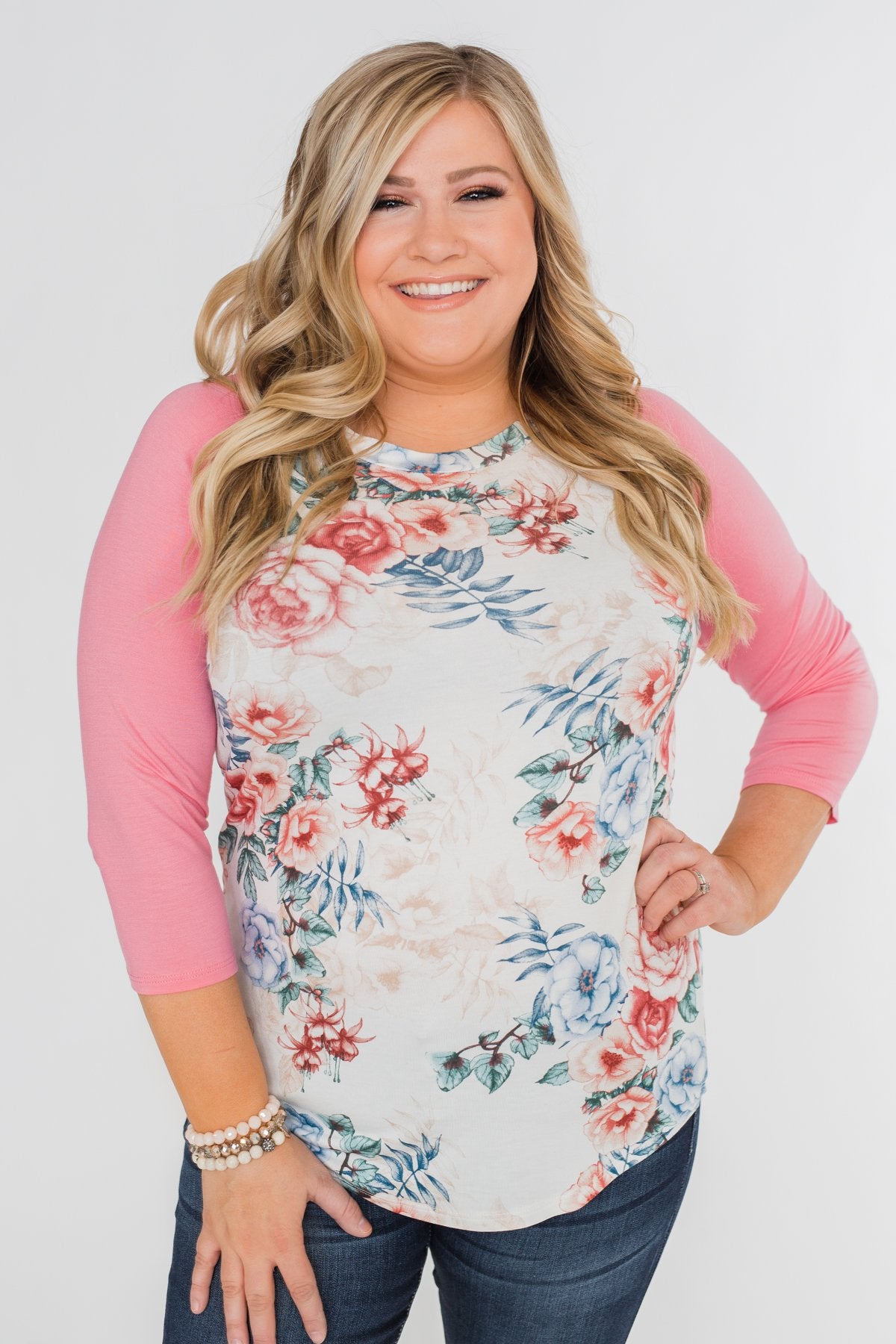 Floral Blessings 3/4 Sleeve Top- Ivory & Pink