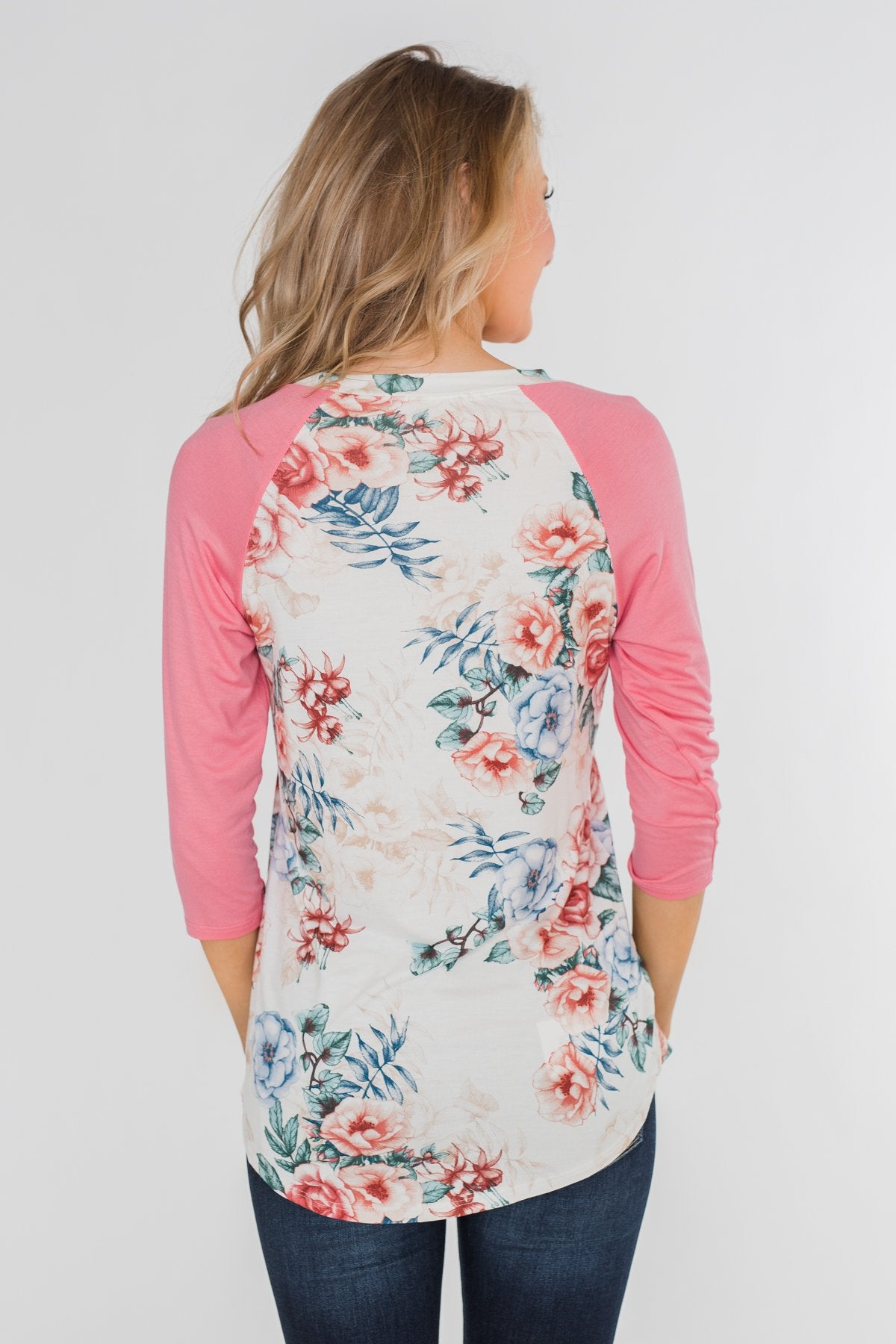 Floral Blessings 3/4 Sleeve Top- Ivory & Pink