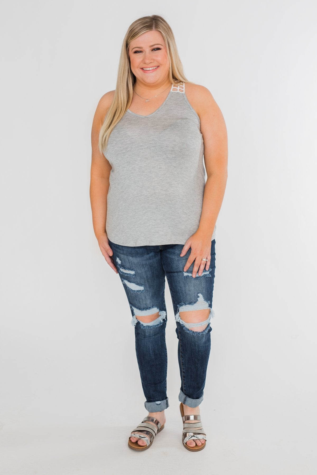Tell Me Again Crochet Knit Tank Top- Heather Grey