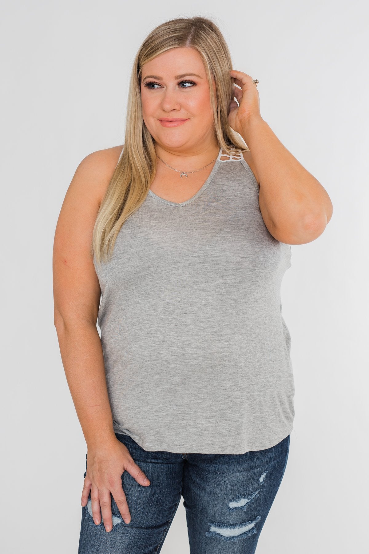 Tell Me Again Crochet Knit Tank Top- Heather Grey