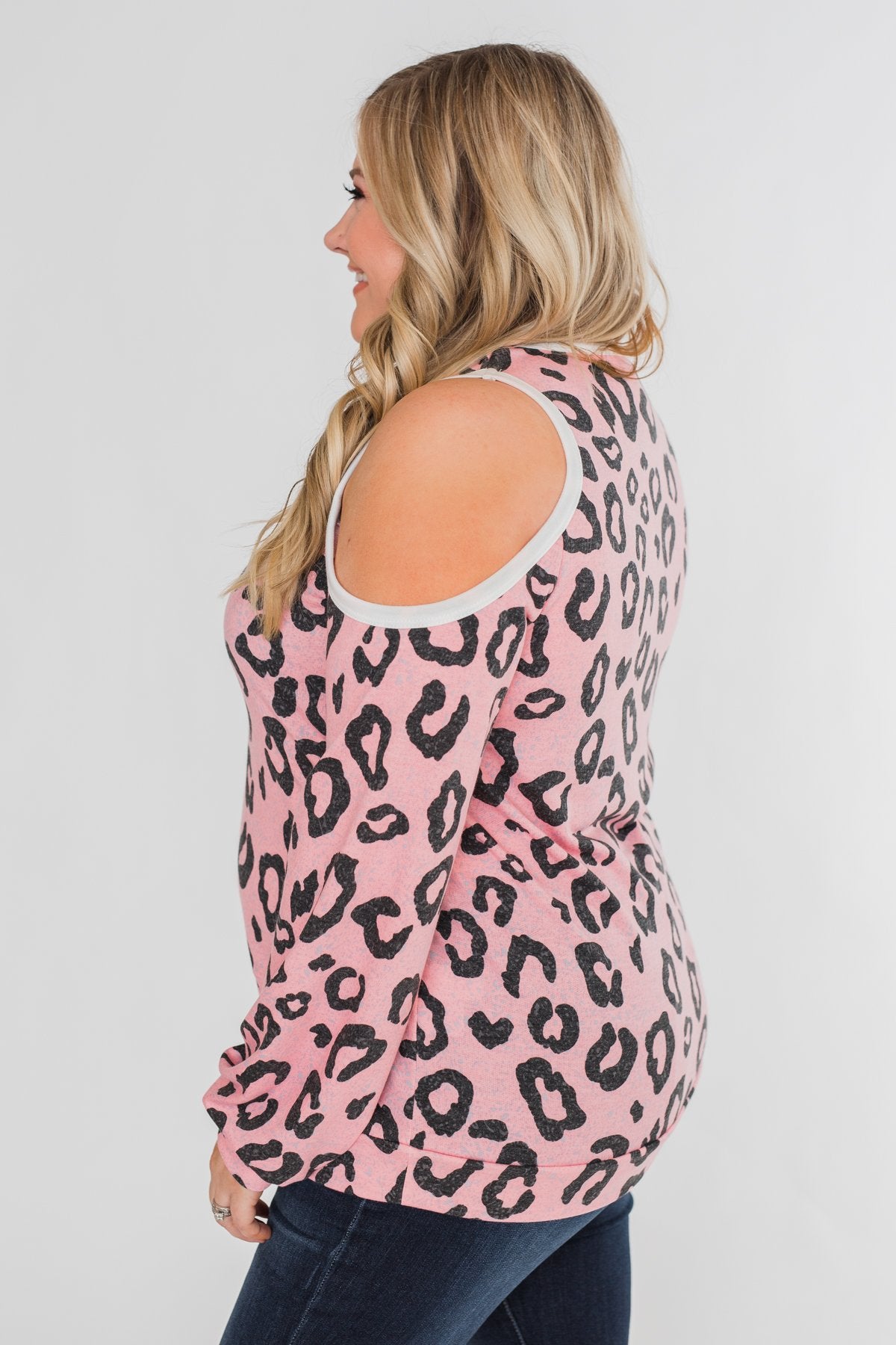 Attention On You Leopard Cold Shoulder Top- Pink