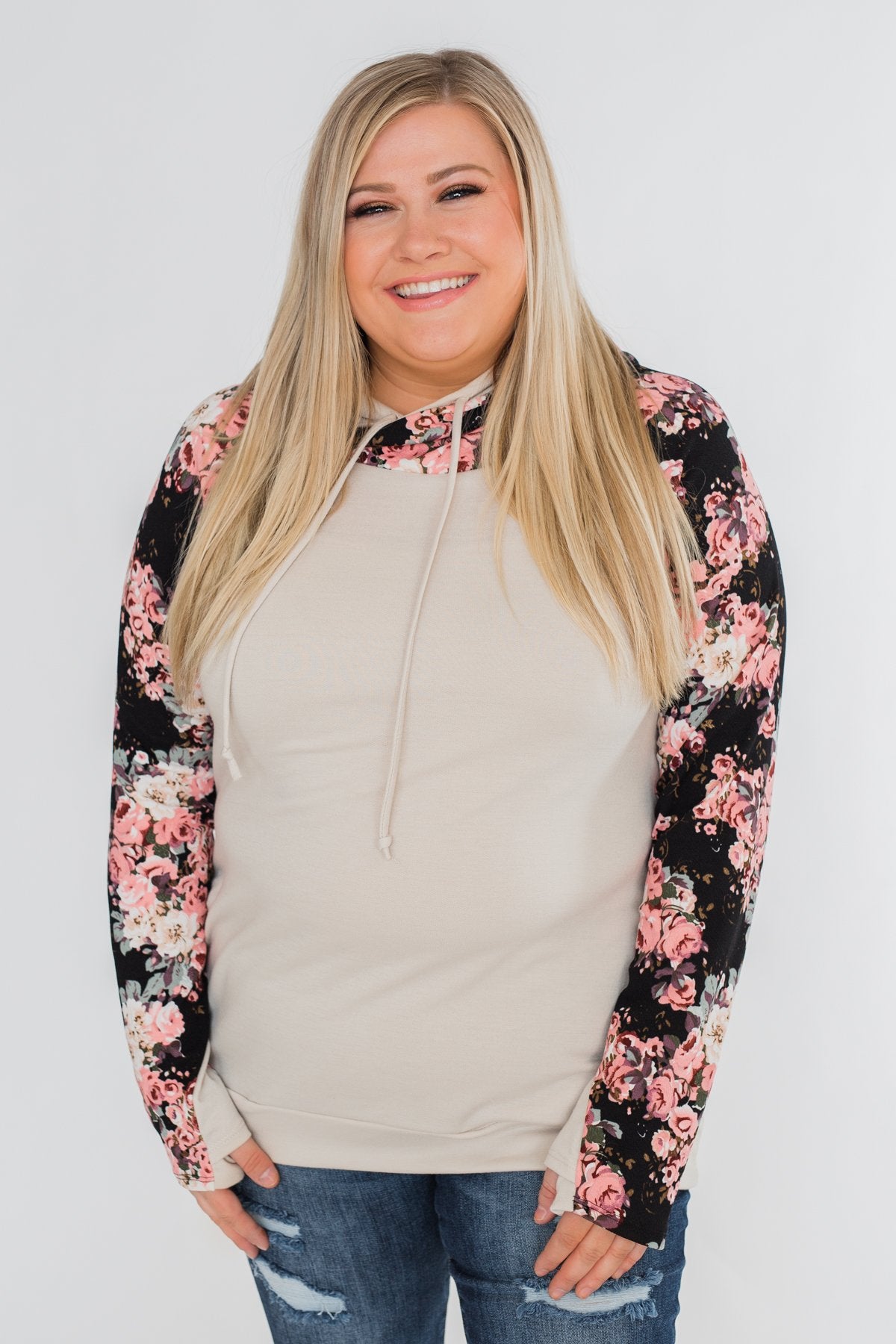 Floral Double Hood Sweatshirt- Beige