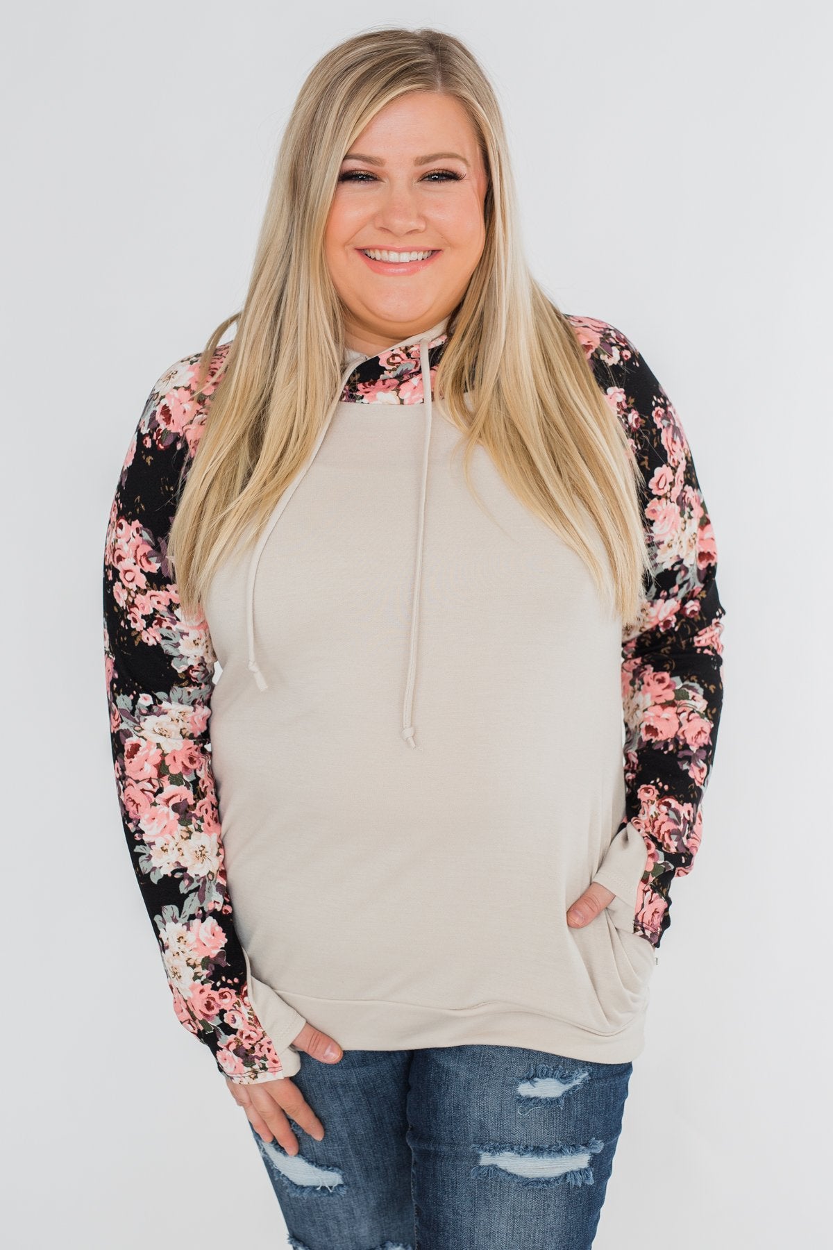 Floral Double Hood Sweatshirt- Beige