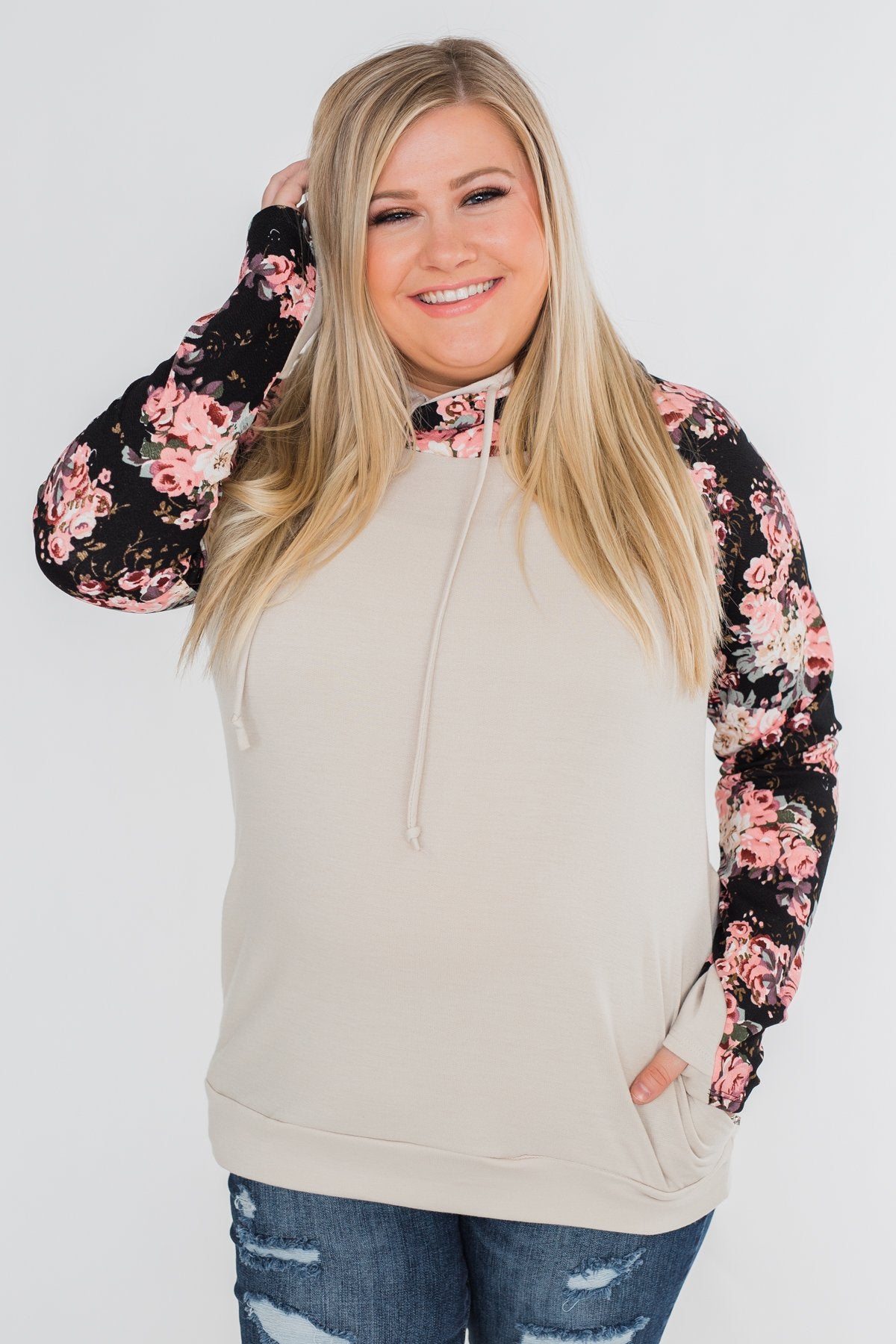 Floral Double Hood Sweatshirt- Beige