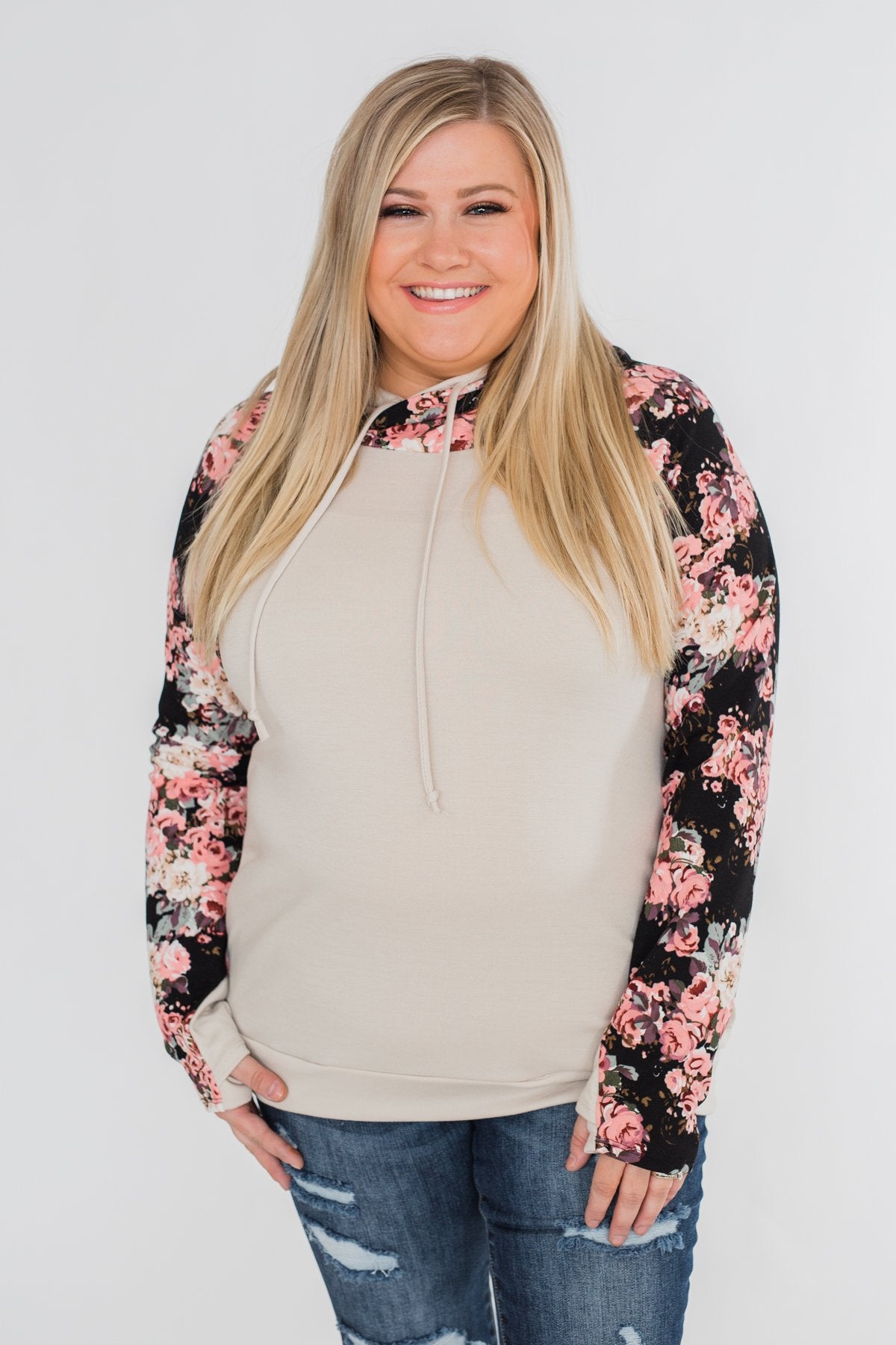 Floral Double Hood Sweatshirt- Beige