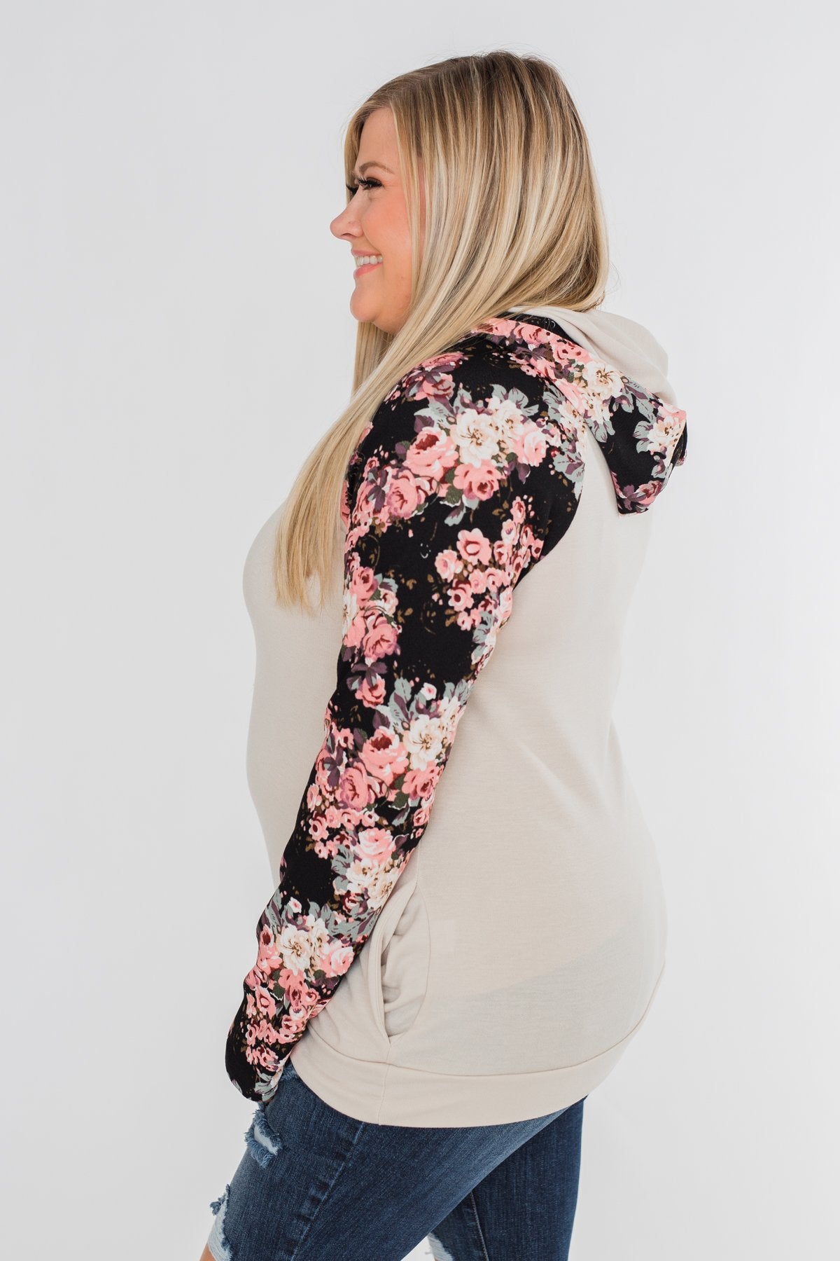 Floral Double Hood Sweatshirt- Beige