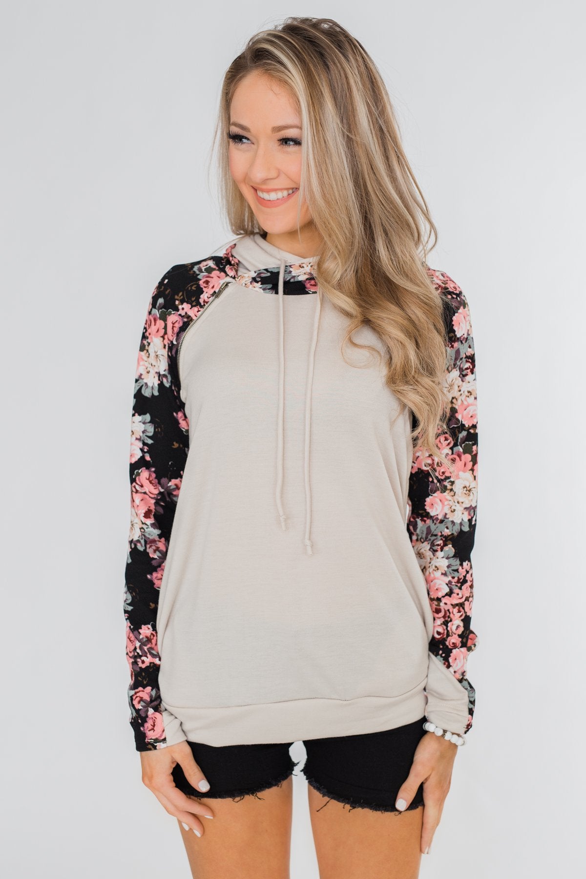 Floral Double Hood Sweatshirt- Beige
