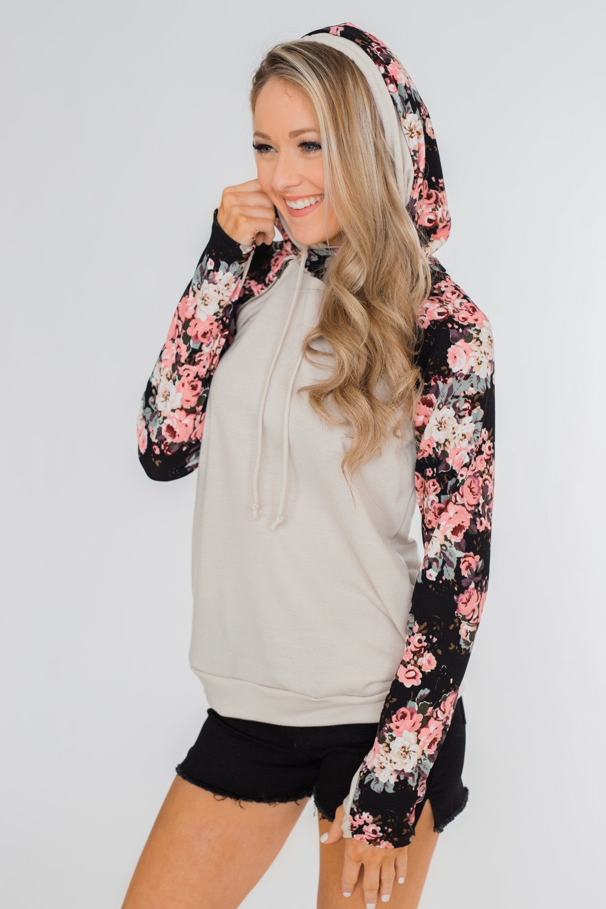 Floral Double Hood Sweatshirt- Beige