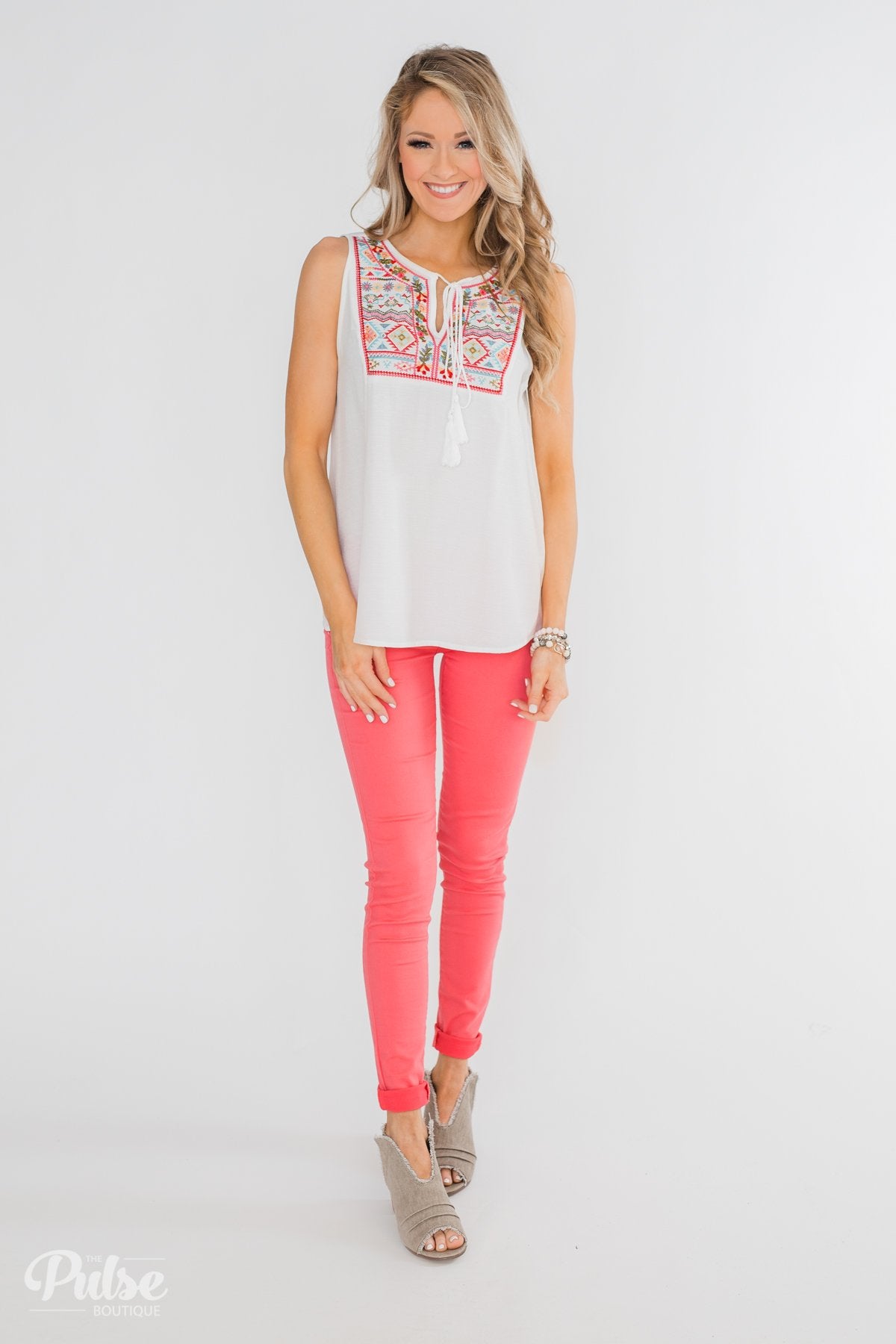 More Beautiful You Embroider Tank Top- White